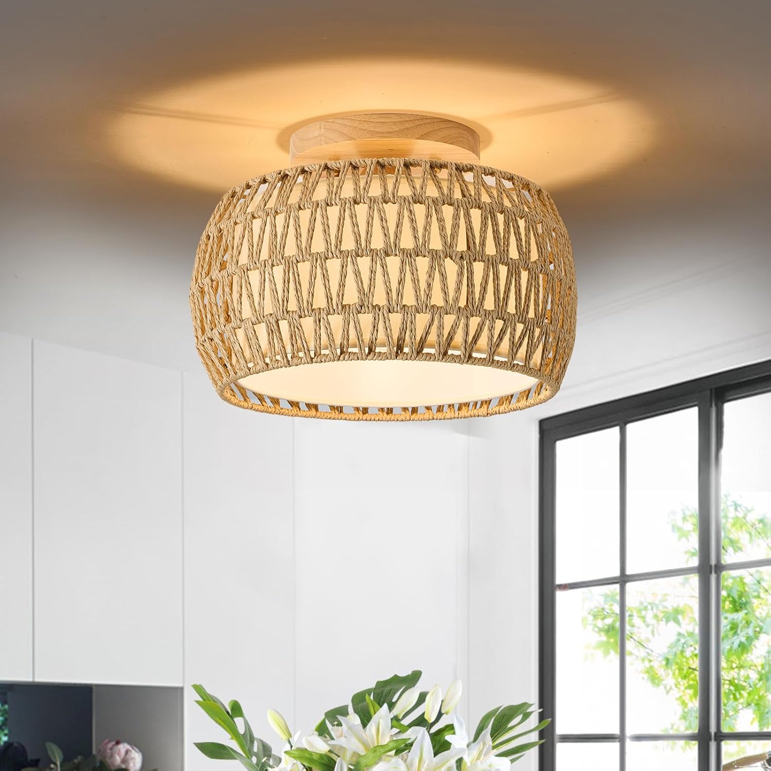 Boho Rattan Flush Mount Ceiling Lights 12 Inch Farmhouse Ceiling Light Fixtures Rustic Wicker Hand Woven Rope Cage for Dining Room Kitchen Bedroom Foyer Hallway Entryway Ceiling-1 Pack-Y