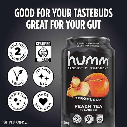 Miniatura 3 de Humm Probiotic Kombucha - Té de durazno sin azúcar, no necesita refrigeración, apto para keto, orgánico, vegano, sin gluten, latas de 12 onzas