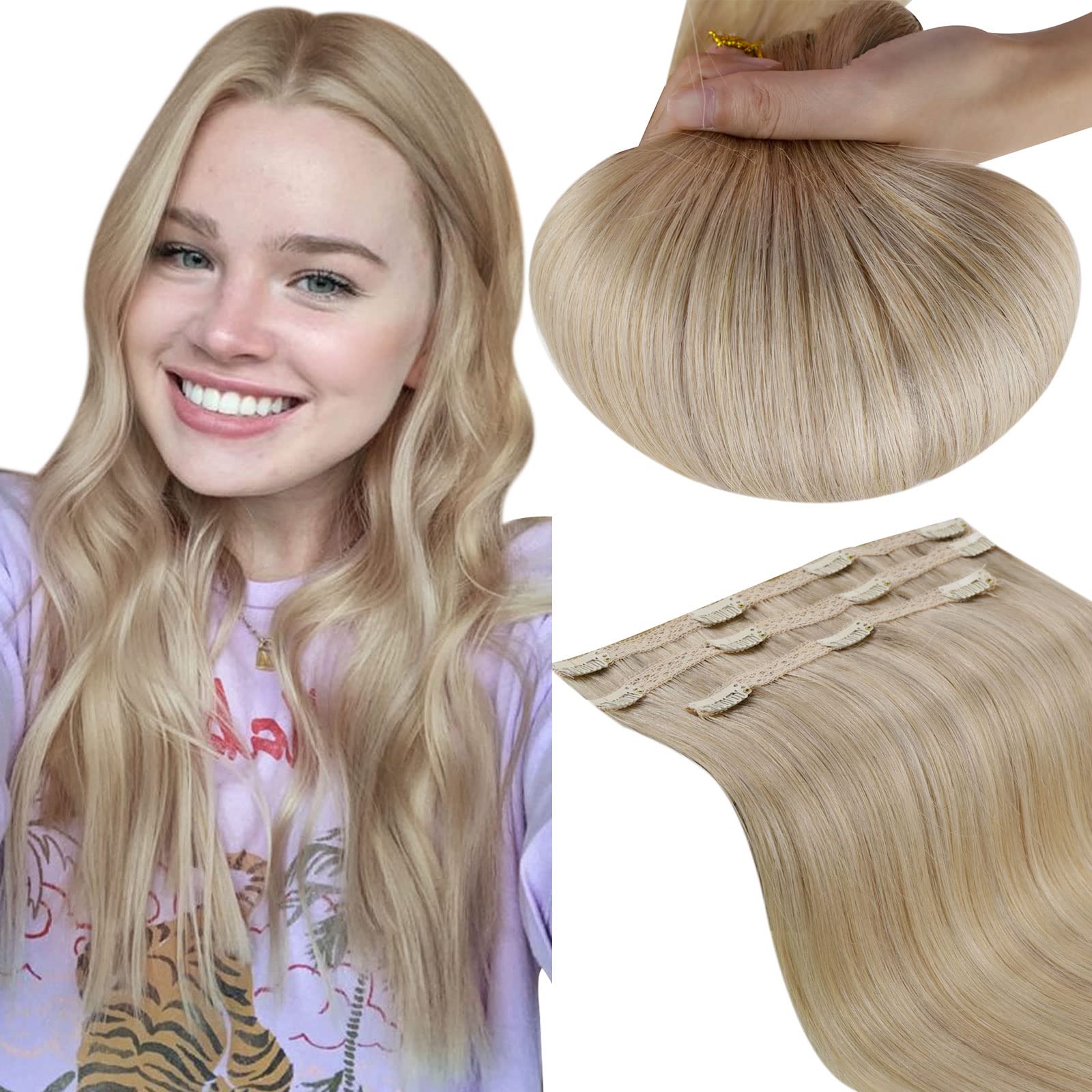 RUNATURE Hair Extensions - Real Hair Dark Blonde Highlights Golden Blonde Clip in Human Hair Extensions - 16 Inch 3Pcs 50g