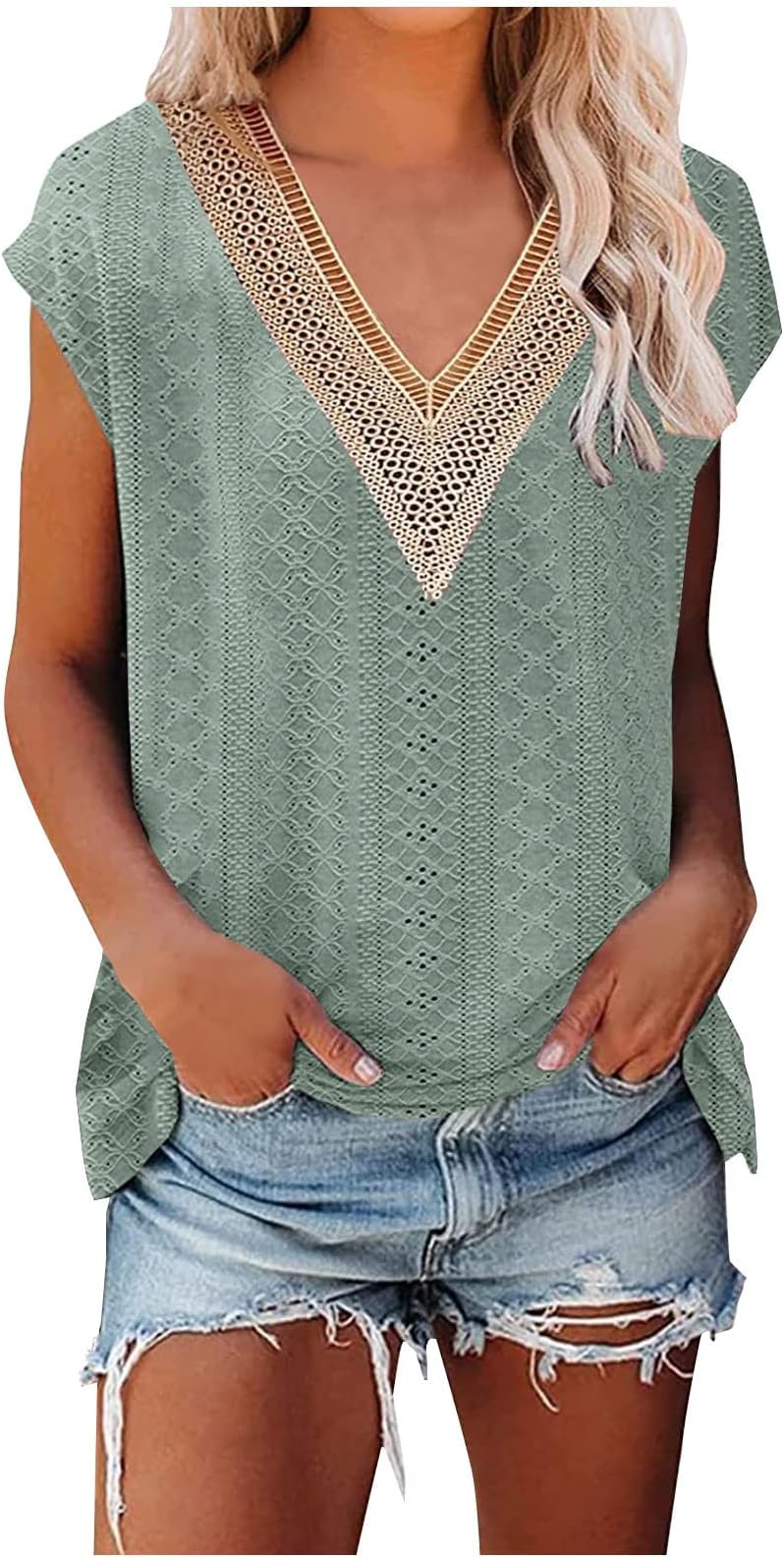 LONGZUVSWomens Tops Trendy Summer Shirts Casual Cap Sleeve Lace Trim V Neck T Shirts Top Tunic Tops Going Out Y2K Basic Tops
