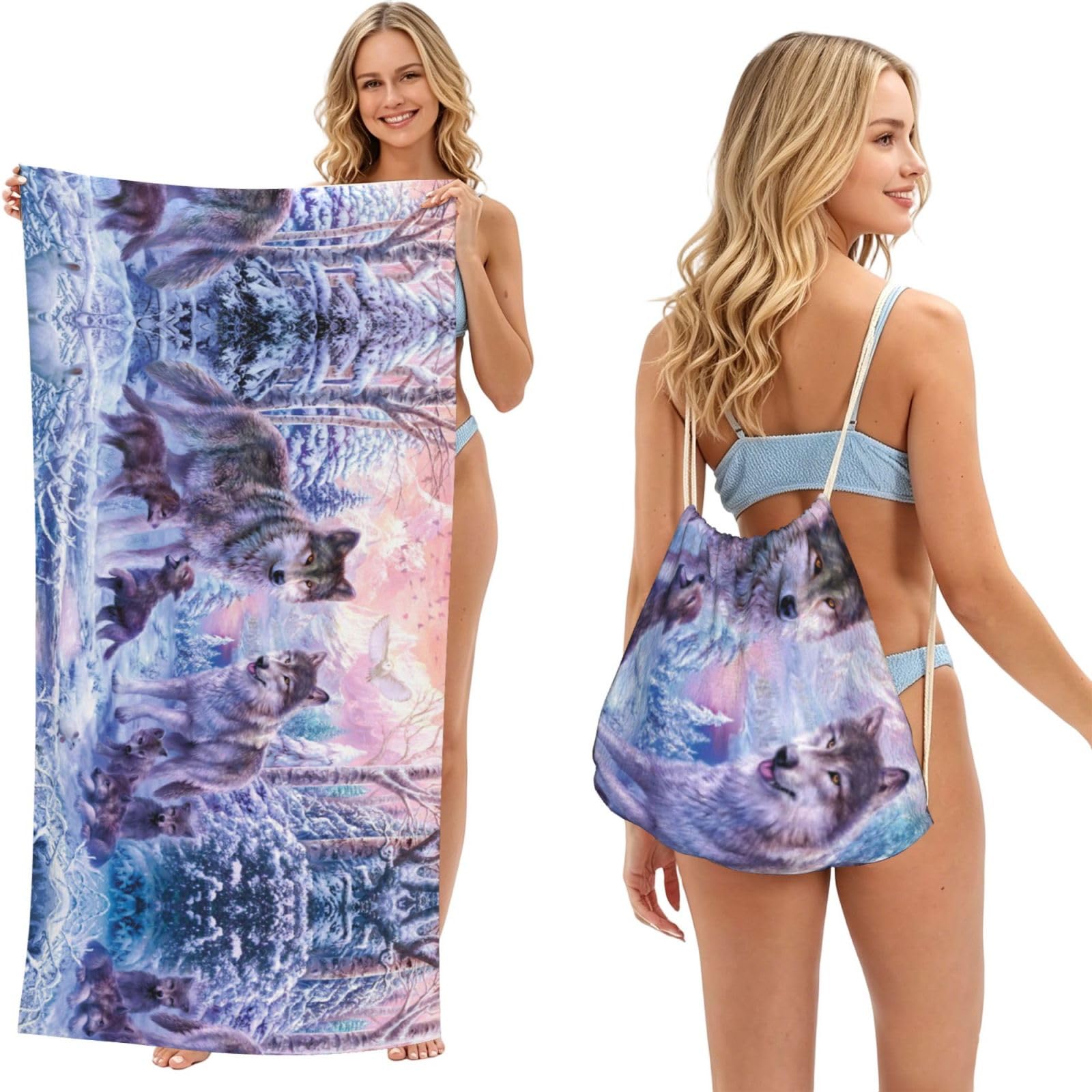 WSHFFILO Winter Wolf Family printed 2 in 1 Packable Towel Bag Bath Towel Beach Towel