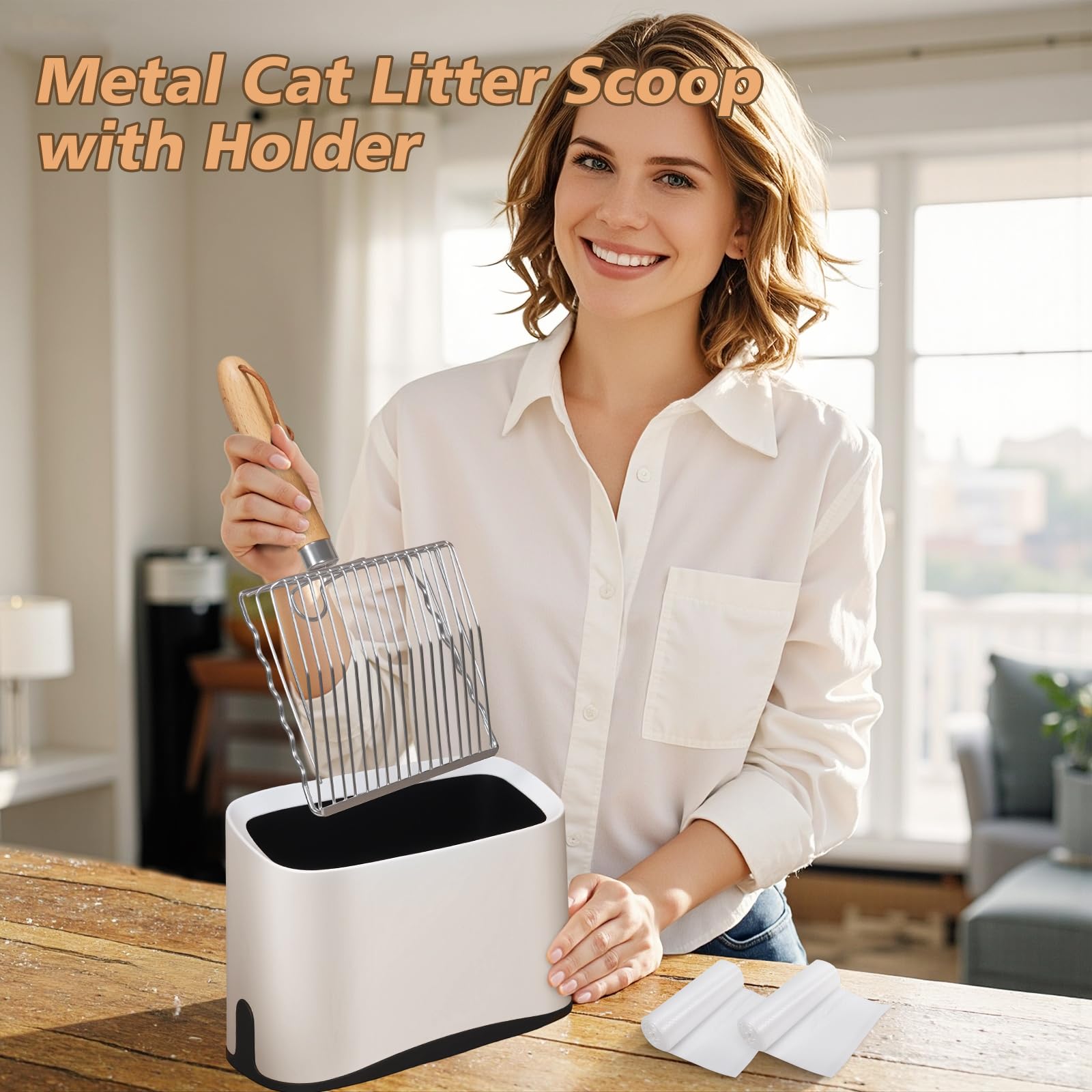 ARMLULU Metal Cat Litter Scoop with Holder, Poop Scooper with Stand&2 Rolls of Garbage Bag, Heavy Duty Stainless Steel Shovel with Wooden, Kitty Quick Sifter for Easy Cleaning, Essential Item for Cat - image 4