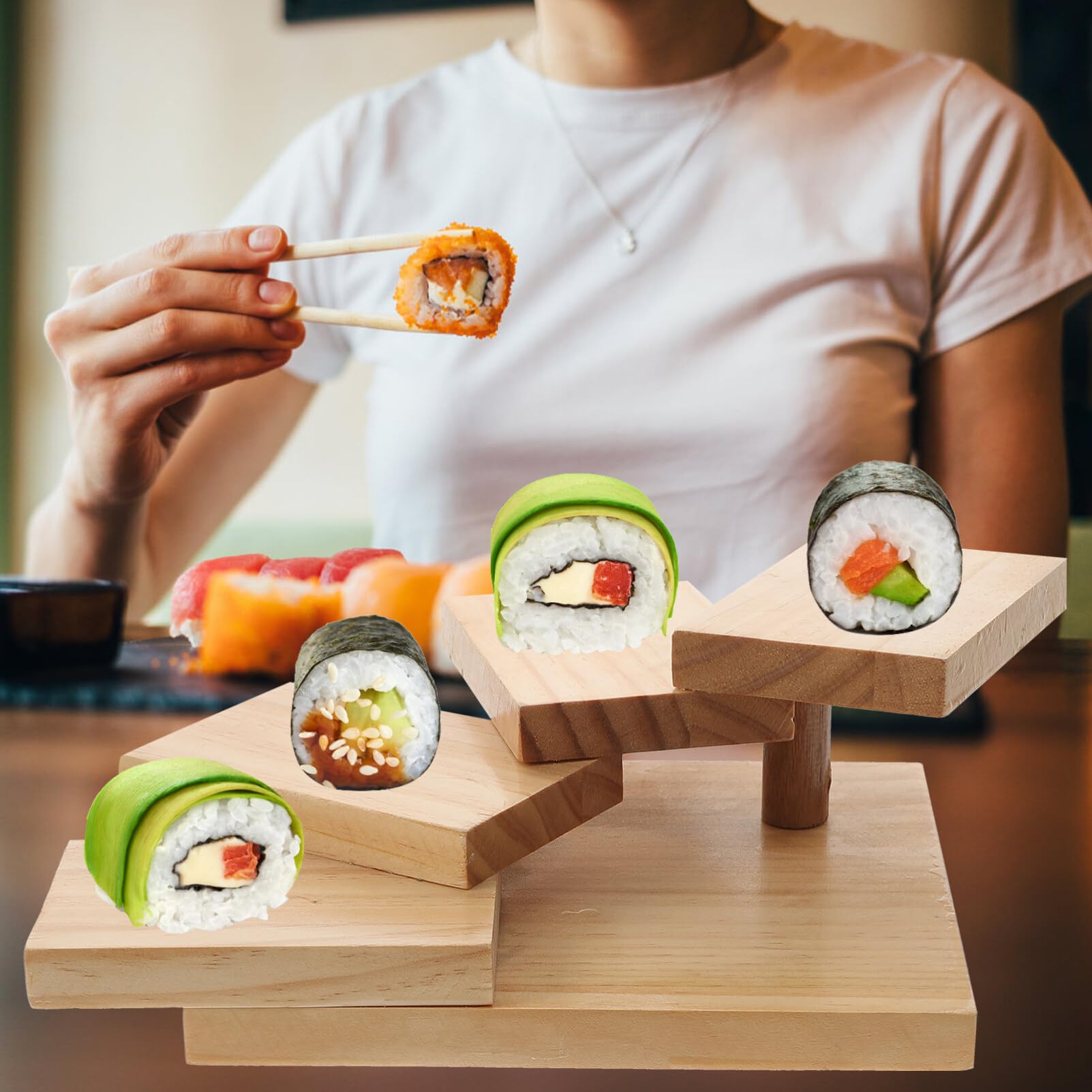 Alipis Japanese Wooden Sushi Tray Rotating Steps Stairs Sushi Serving Plate Charcuterie Board Sashimi Plate Boat Appetizer Dish Snack Meat Platter Vegetable Food Cake Display Stand Riser