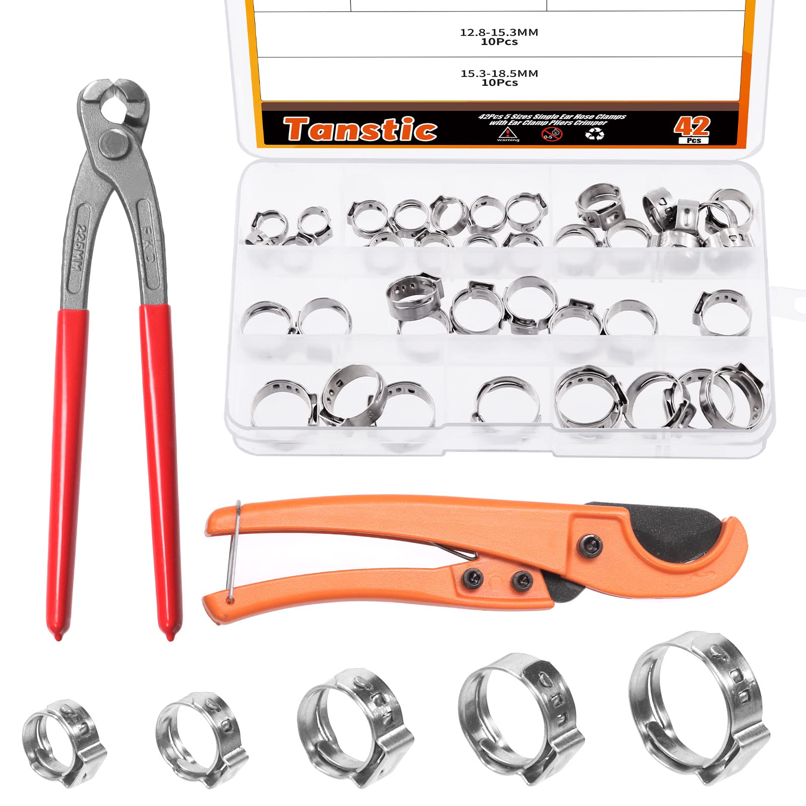 Tanstic 42Pcs 9 Inch Ear Clamp Pliers Set with 5 Sizes 304 Stainless Steel Single Ear Hose Clamps, PEX Tube Cutter, Pincer Crimper Tool