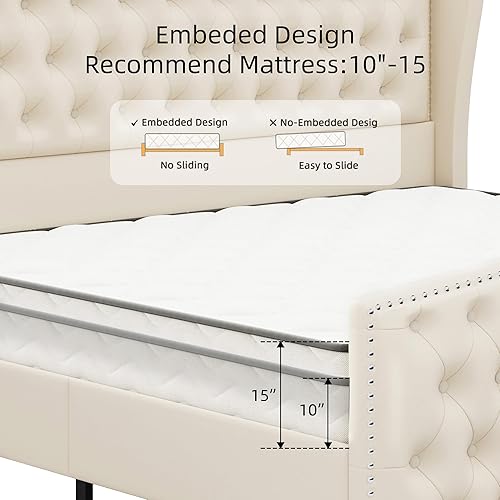Miniatura 7 de Marco de cama tapizado tamaño Queen en terciopelo color beige con cabecera y pie de cama acolchados con botones profundos y soporte de listones de