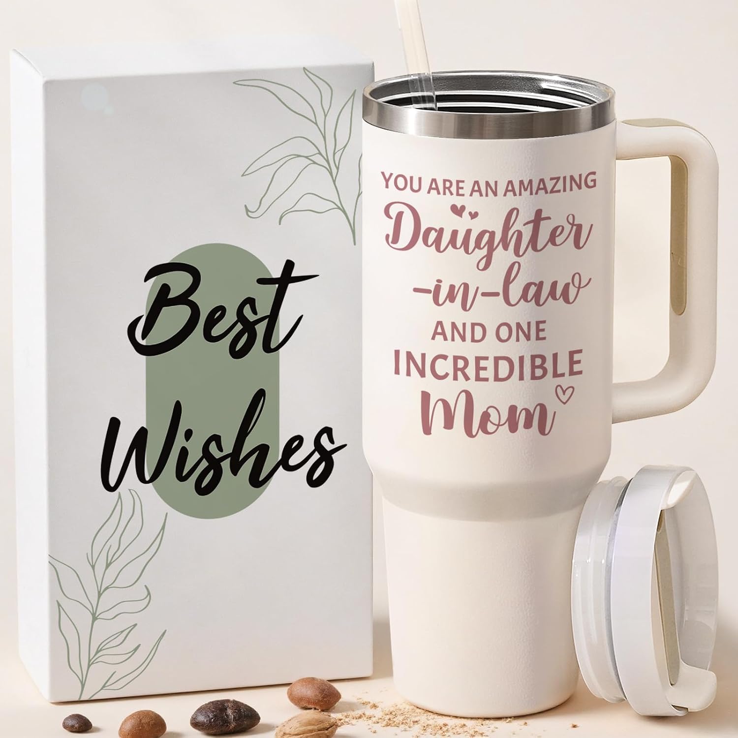 Lifecapido Mothers Day Gifts for Daughter in Law, 40oz Stainless Steel Insulated Tumbler with Handle, Birthday Christmas Mothers Day Gifts for Daughter in Law, Creamy