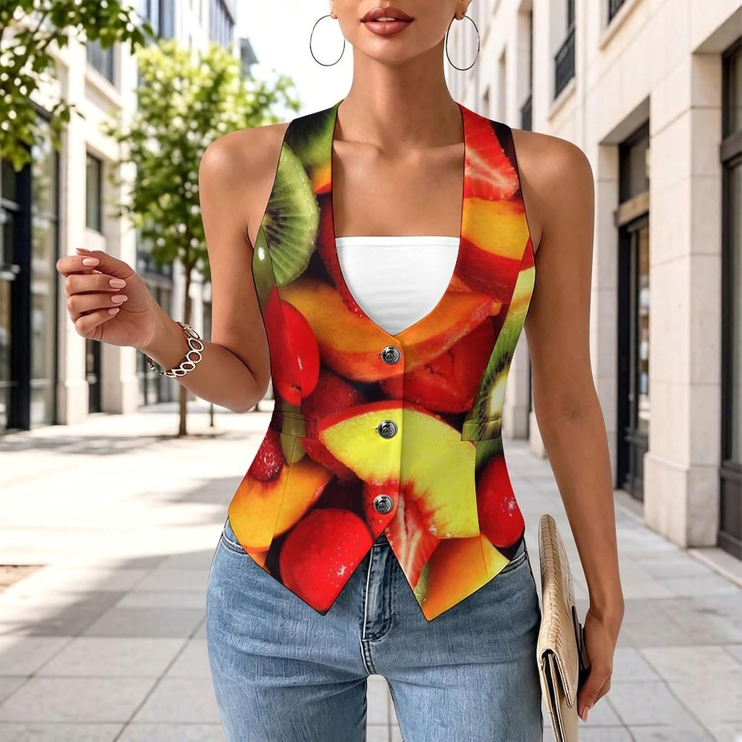 Fresh Fruit And Vegetables Women's Suit Vest V Neck Button Down Waistcoat Jacket Business Casual Tops