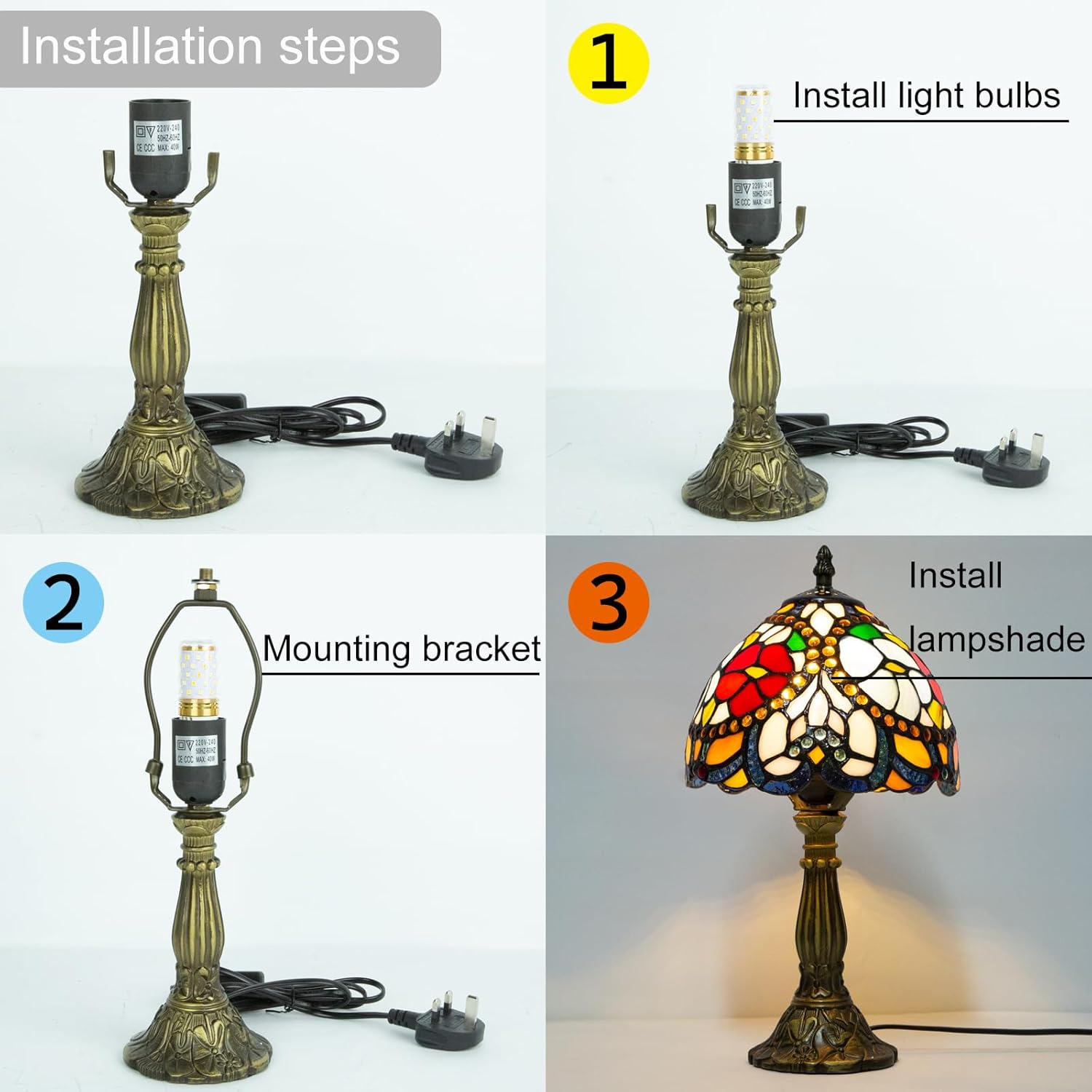 Small Tiffany Table Lamp, 3 Color Temperature, 8 Inch Antique Stained Glass Lamp for Bedroom Living Room Home, Handcrafted Light, Included Bulb (J Red Rose Bead)