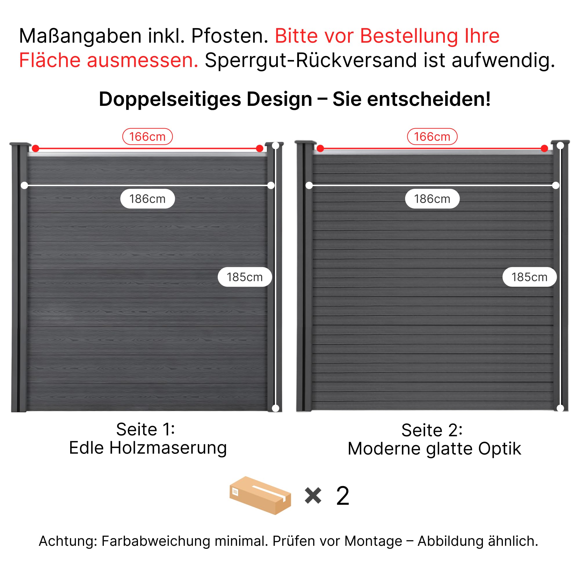 WPC Sichtschutzzaun Komplettset Anthrazit – Gartenzaun mit robusten 10x10 cm WPC Pfosten, Lamellenzaun, Windschutz, B 186-538 x H 185 cm (1-3 Einheiten)