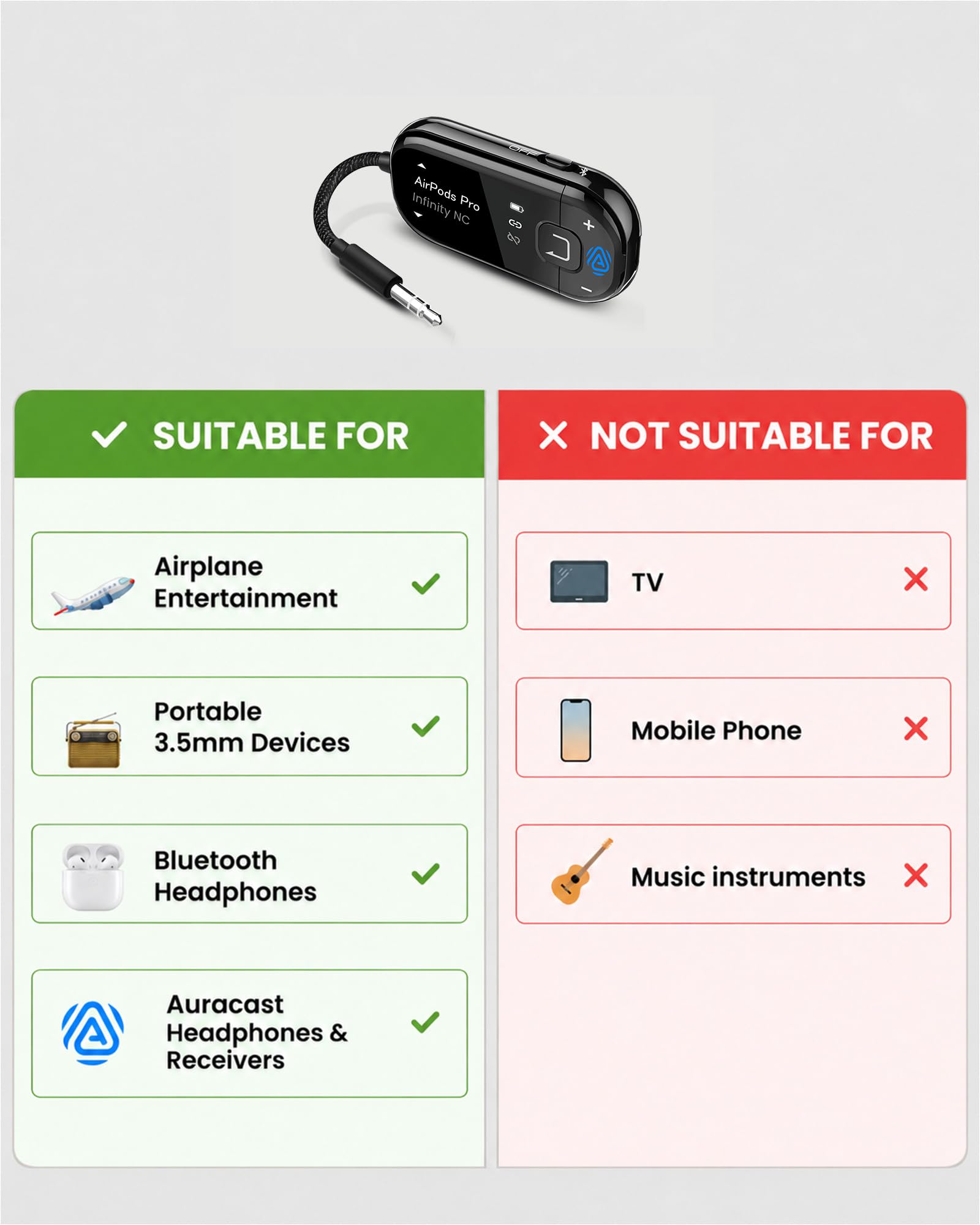 Avantree Voyager – Adattatore Bluetooth 5.4 Per Aereo Con Schermo OLED Per Cuffie E AirPods, Chipset Qualcomm, aptX Adaptive, Supporto Auracast, Trasmettitore Audio Wireless AUX 3,5 mm Per Viaggi