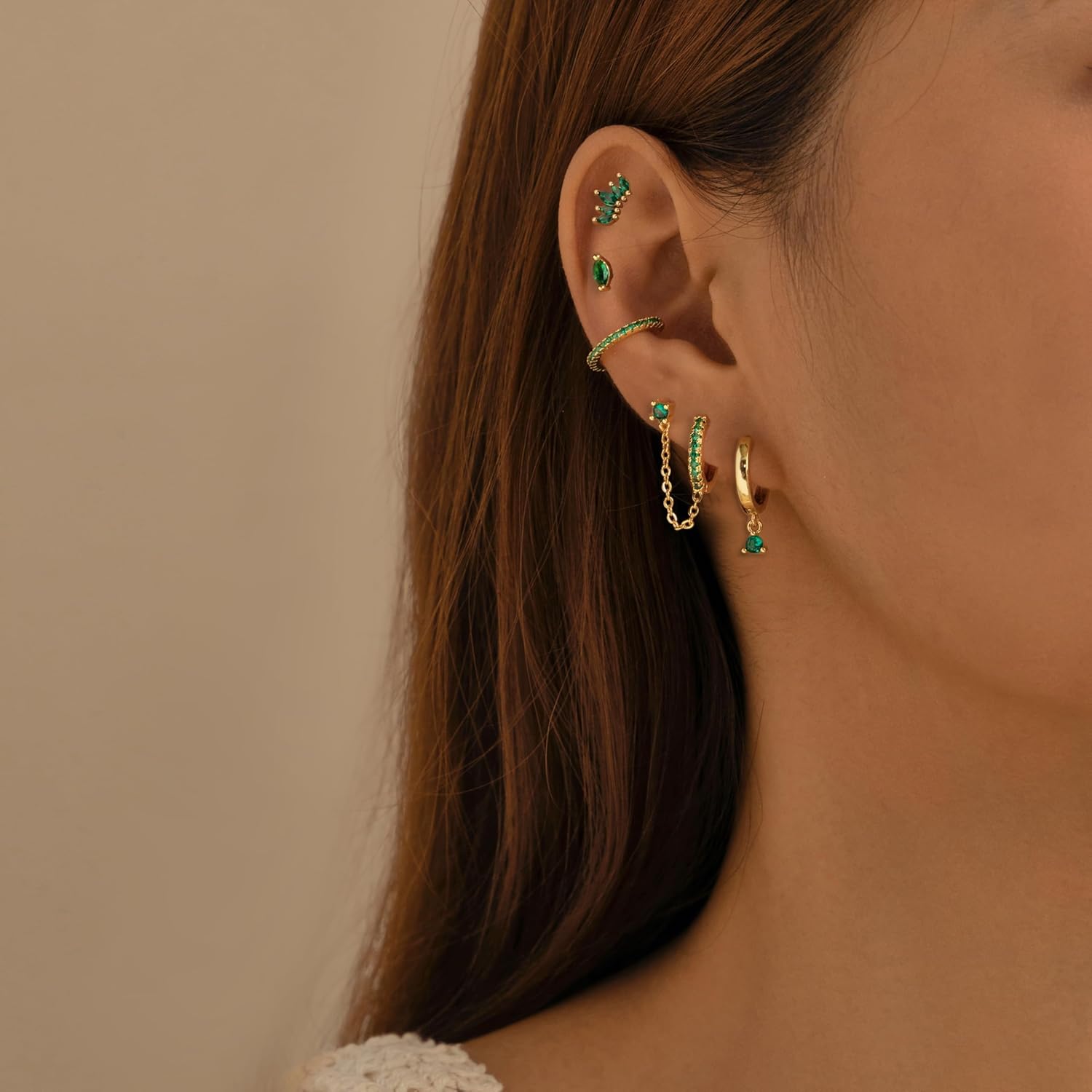 LOFITOR 5 Pairs Sterling Silver Post Stud Hoop Earrings Set Dainty 14k Gold Plated Earrings for Women S925 Green CZ Cartilage Stud Huggie Earring for Multiple Piercing Small Earring Stacks - Image 2