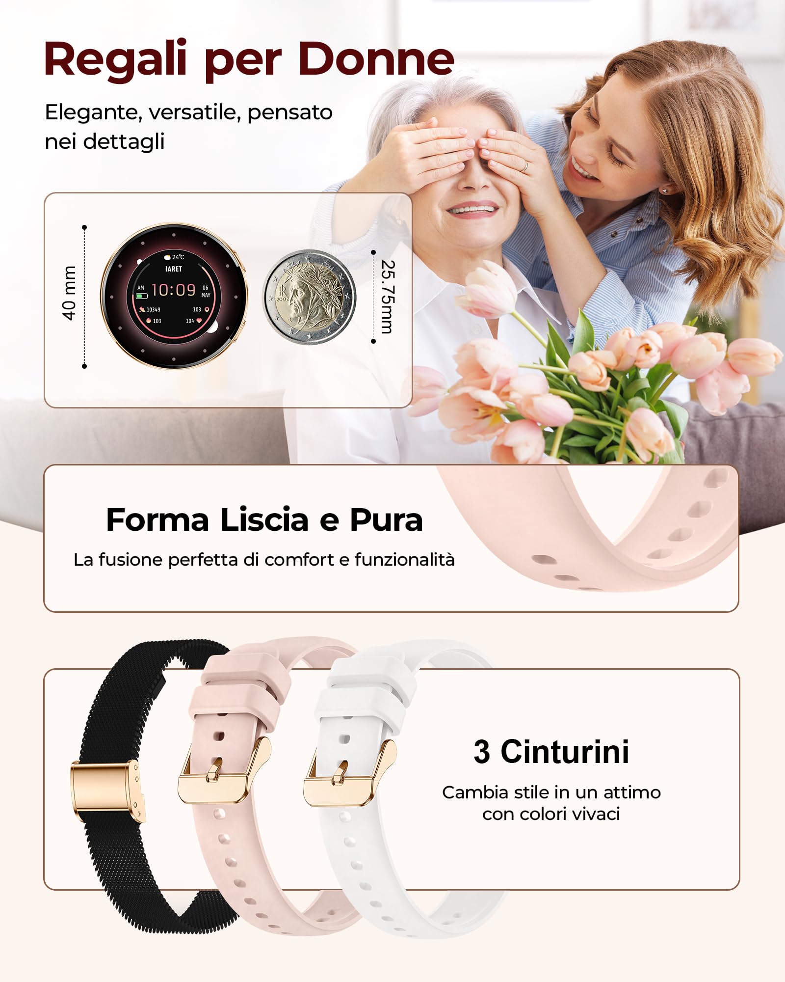 Iaret Smartwatch Donna con 3 Cinturini, Orologio 1,27" AMOLED Always-On con Chiamate Bluetooth, 120+ Modalità Sportive, SpO2/Cardio/Sonno, Fitness Tracker per Android iOS, Oro Nero - Idea Regalo