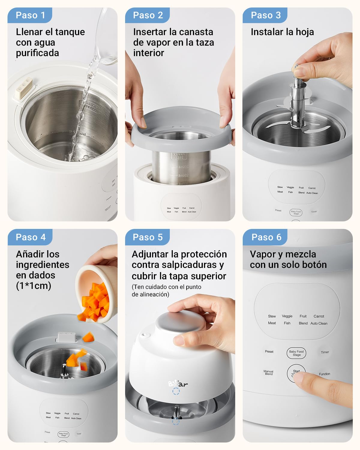 Bear Robot de Cocina para Bebé NutriEase AllStage Acero Inoxidable, Procesador de Alimentos para Bebé OneStep, Cocción y Molienda Automática para Comida Casera Saludable, Sin BPA