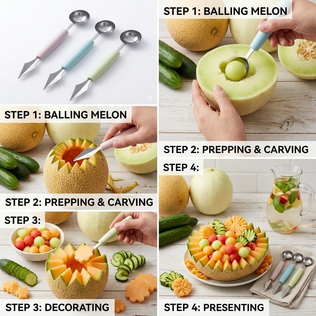 2 in 1 Melon Baller & Fruit Slicer - Stainless Steel -2