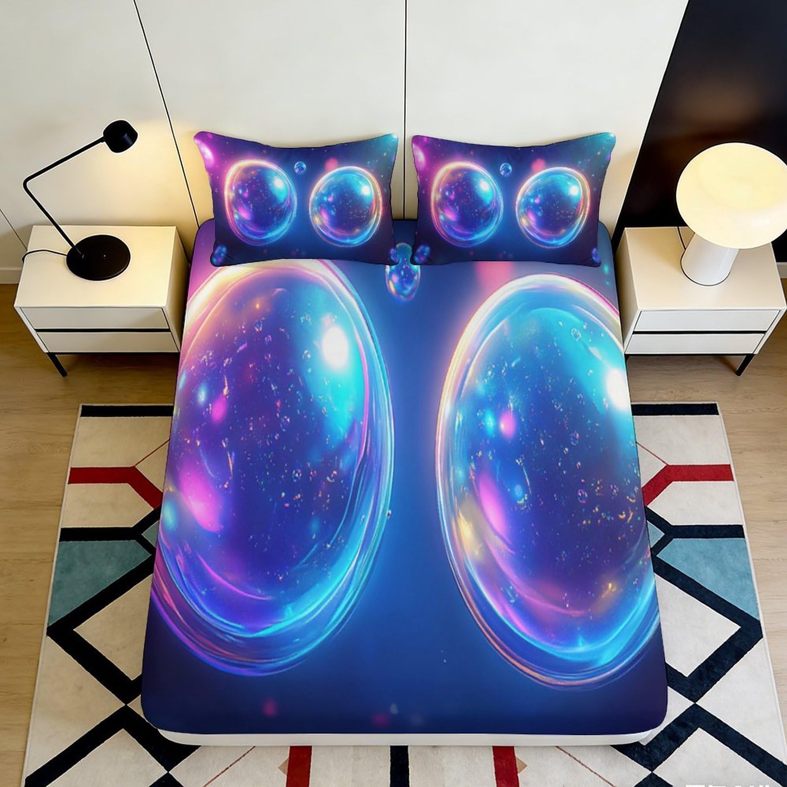3D Printed Iridescent Bubble Fitted Sheet Microfiber Soft Cosmic Glow Mattress Cover Bedroom Dorm Decor 90x200x25cm
