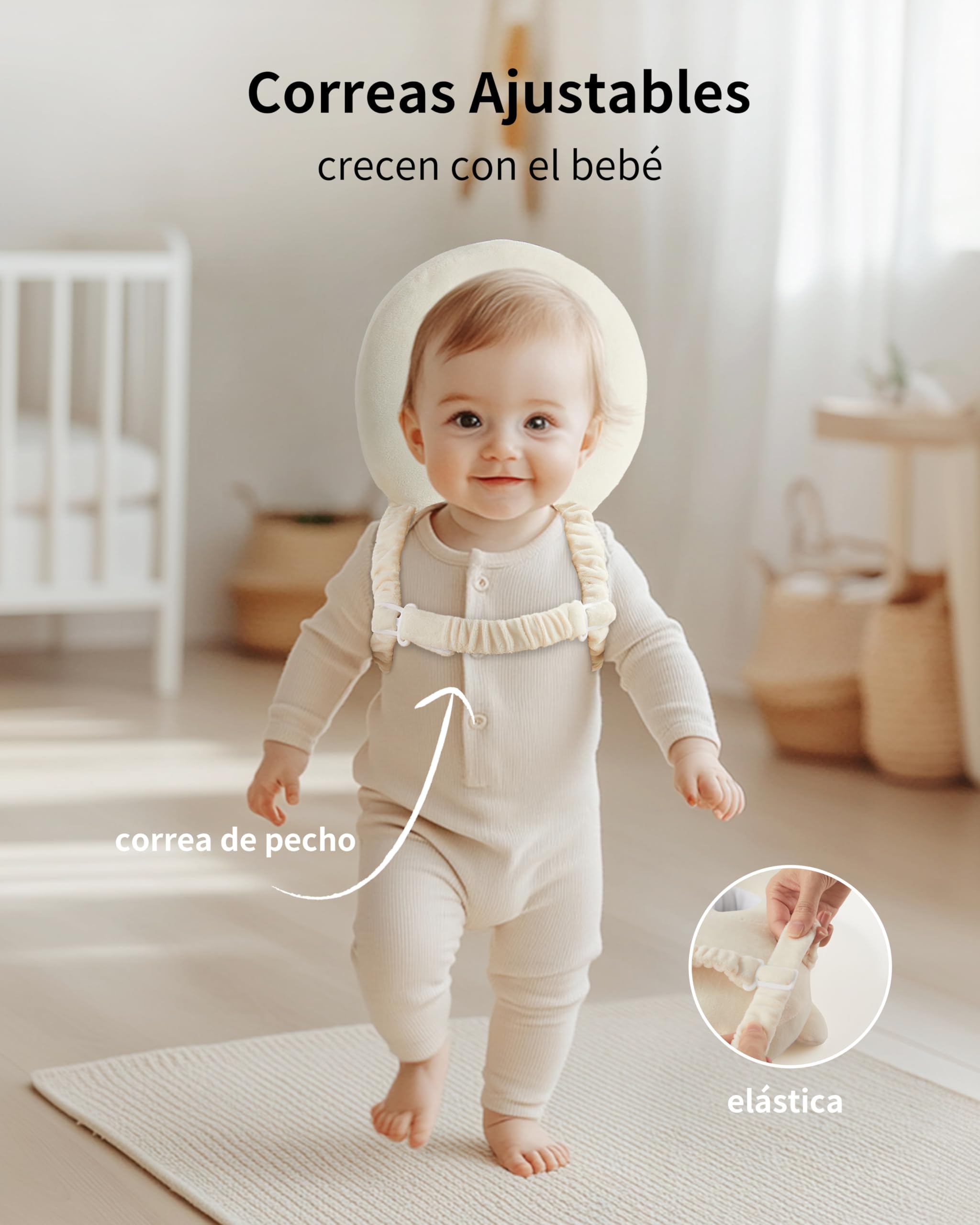 Fortella Mochila de Protección para Bebé, Protector de Cabeza Anticaida Ajustable, Cojin de Seguridad para Caminar, Cascos Bebe, con Rodilleras y Calcetines, Ideal para Gateo Soporte, 5–24M,Búho Beige