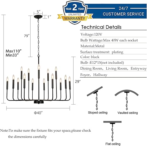 Miniatura 5 de Candelabros negros para comedor sobre mesa, modernos candelabros de granja para sala de estar, 15 luces industriales de metal para entrada, cocina,