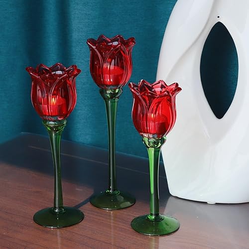 Miniatura 4 de VOHO Portavelas de tulipanes rojos, regalos para aniversario, portavelas rojo para Navidad, vacaciones, San Valentín, portavelas de té de tulipán,