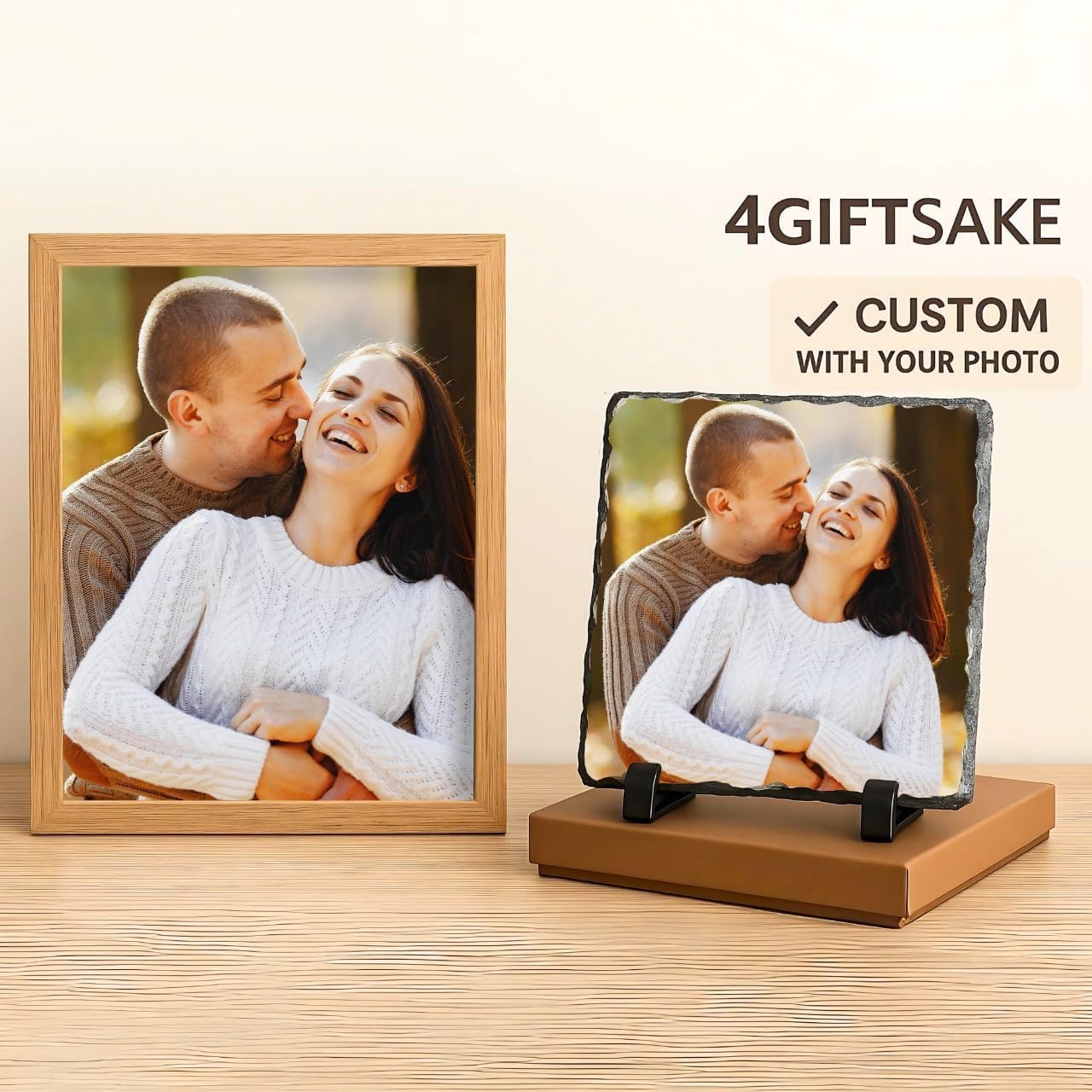 Personalized Photo Rock Slate Frame - Custom Stone Plaque Picture Frame - Gifts for Mothers Fathers Day Wedding Birthday Christmas Memorial Pet Photo - Souvenir Slate Gift - Own Photo & Text