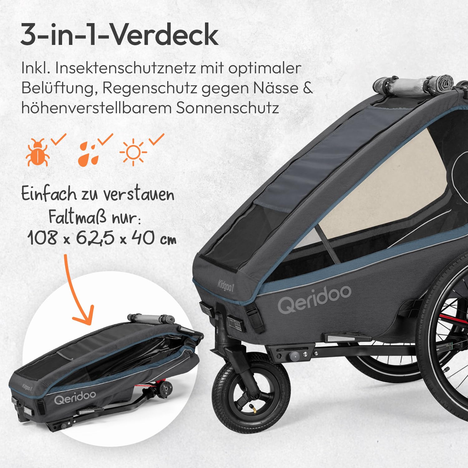 Qeridoo Rimorchio per bicicletta Kidgoo 1 Navy Blue con cintura a 5 punti e Easy ARS, pieghevole, con ruota girevole a 360 gradi e protezioni per la testa brevettate, per 1 bambino