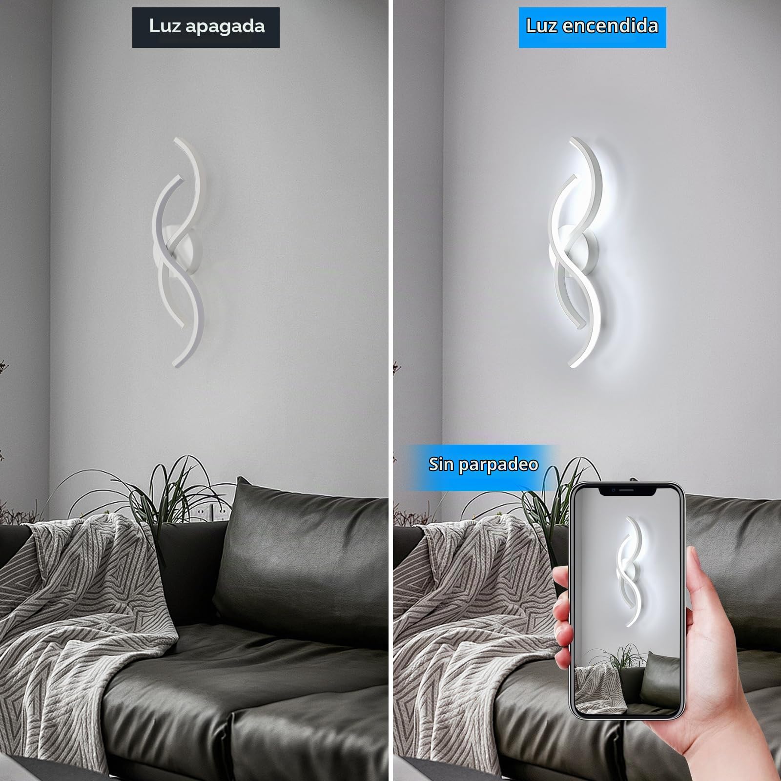 LED Lámpara de Pared Interior 42CM, Blanco Frío 6500K, 15W, Blanco | LED Aplique de Pared 15W 1687LM, Moderno Iluminación Interior Diseño Curvo para Dormitorio Sala de Estar Escaleras Pasillo