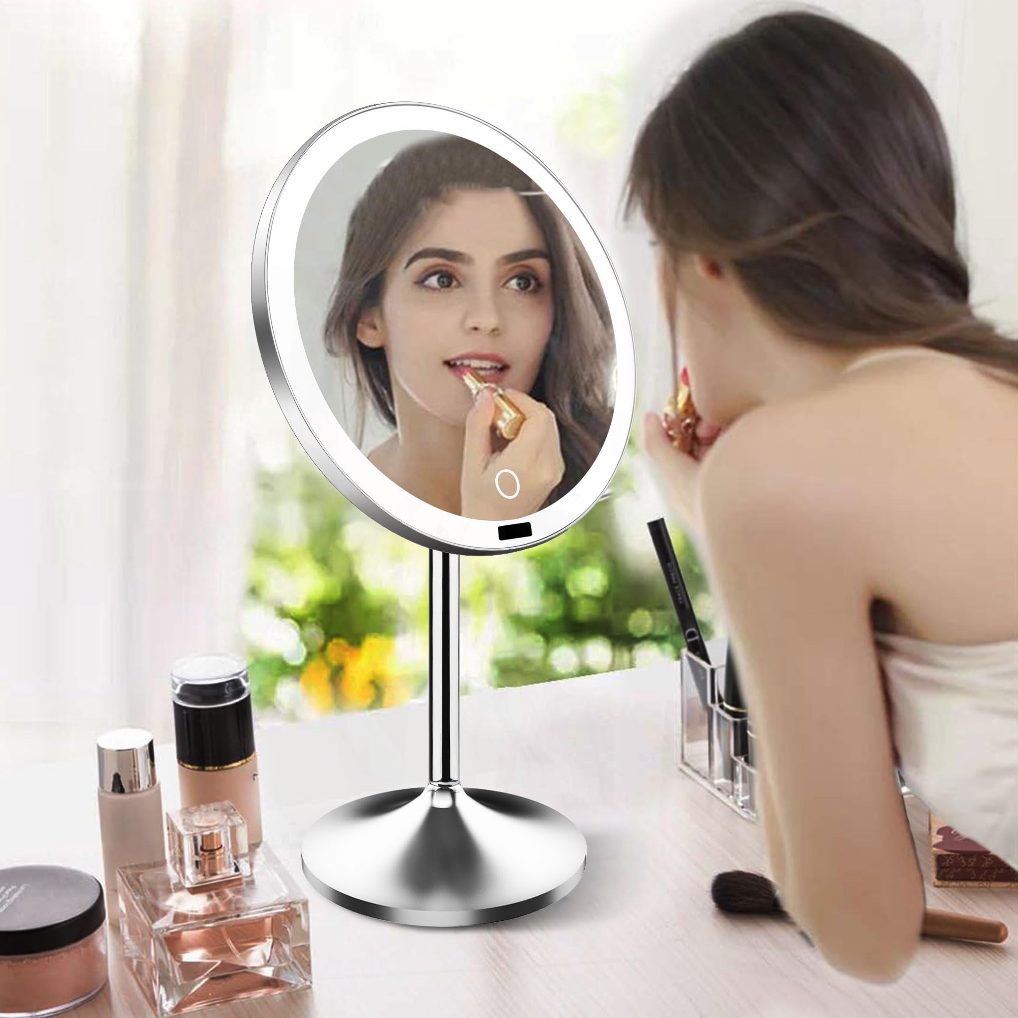 Espejo de tocador grande de 9 pulgadas con luces, espejo de maquillaje iluminado con espejo de aumento desmontable de 10X, 77 luces LED, espejo de maquillaje con sensor recargable de 4000 mAh