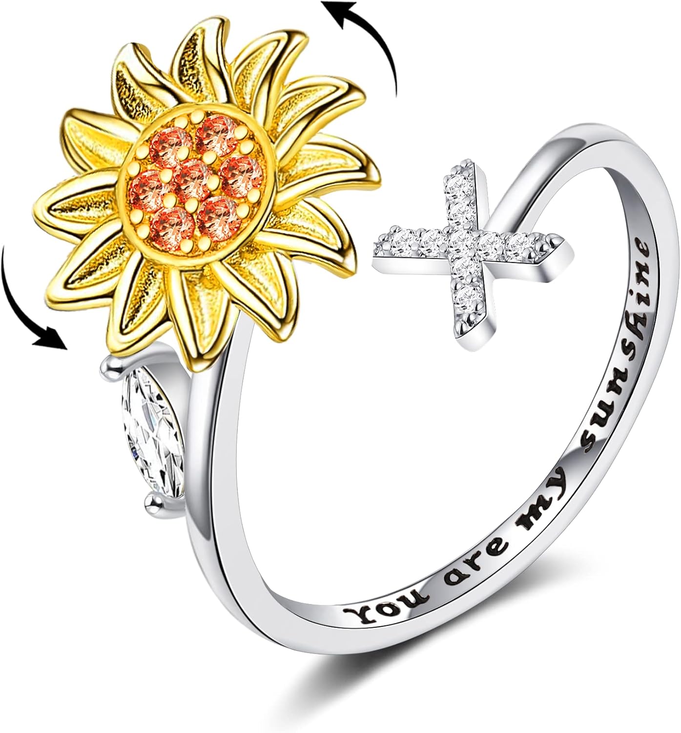 WFYOU Fidget Rings for Anxiety for Women Sunflower Initial Letter Spinner Open Adjustable Ring CZ Daisy Stress Relieving Rings Jewelry Gift for Women Valentine's Day You are My Sunshine Ring