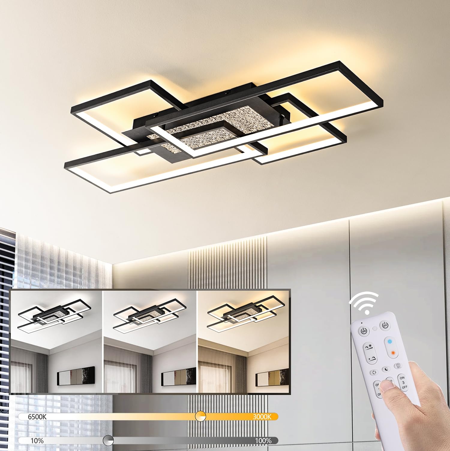 LED Lámpara de Techo Regulable, Plafon LED Techo con Mando a Distancia, lamparas de Techo Geometría Modernas Dormitorio LED, Negro lámpara de salón,100x50cm Plafón Luz LED 72W para Cocina Comedor