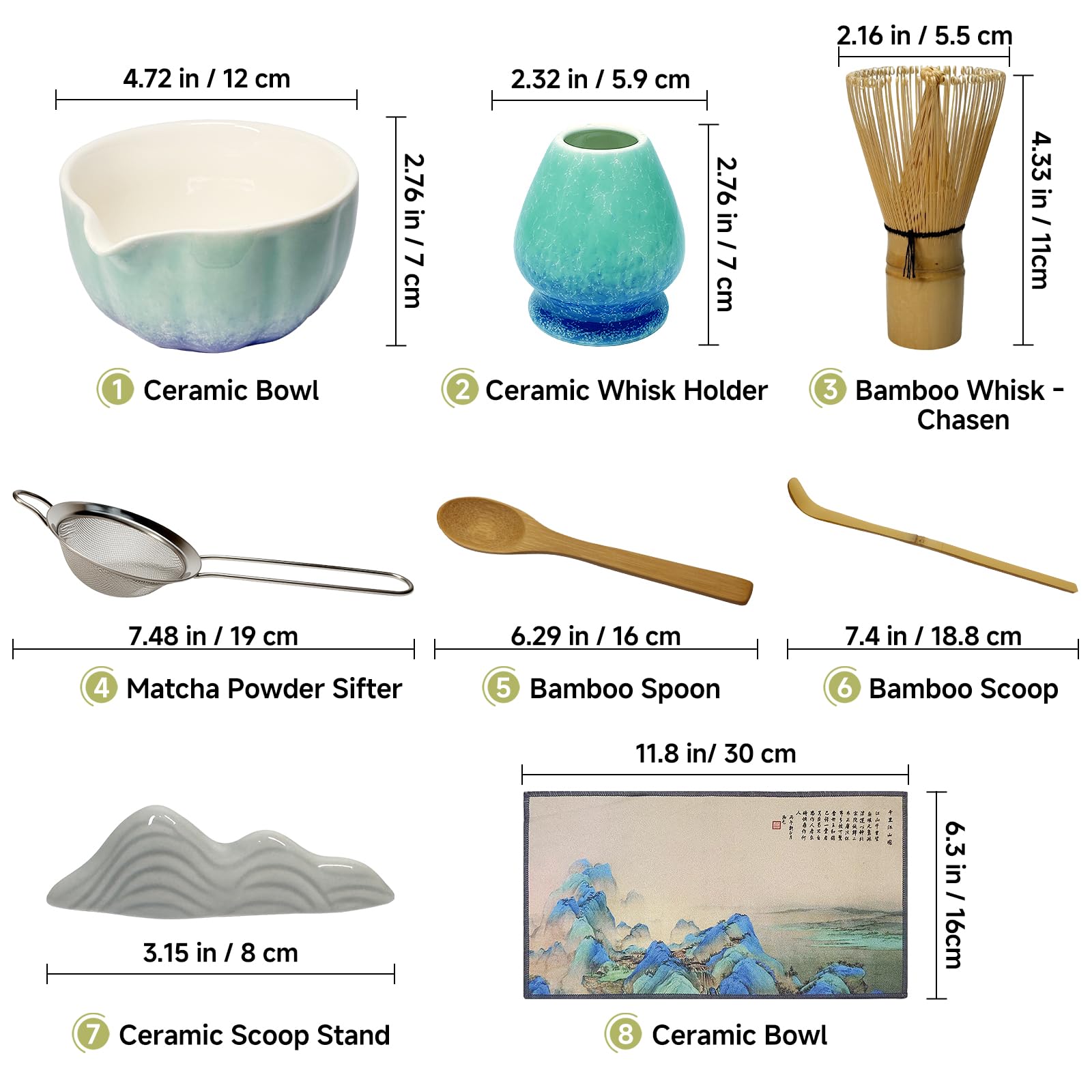 Juego de batidor de matcha con cuenco de cerámica, batidor de bambú (Chasen), cuchara, tamiz y soporte, kit completo para té matcha tradicional, regalos únicos para los amantes del té (escarcha)