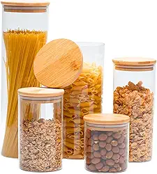 Potes Herméticos de Vidro com Tampa Bambu Porta Mantimentos Transparente Kit 5 Unidades