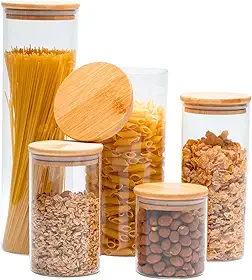 Potes Herméticos de Vidro com Tampa Bambu Porta Mantimentos Transparente Kit 5 Unidades