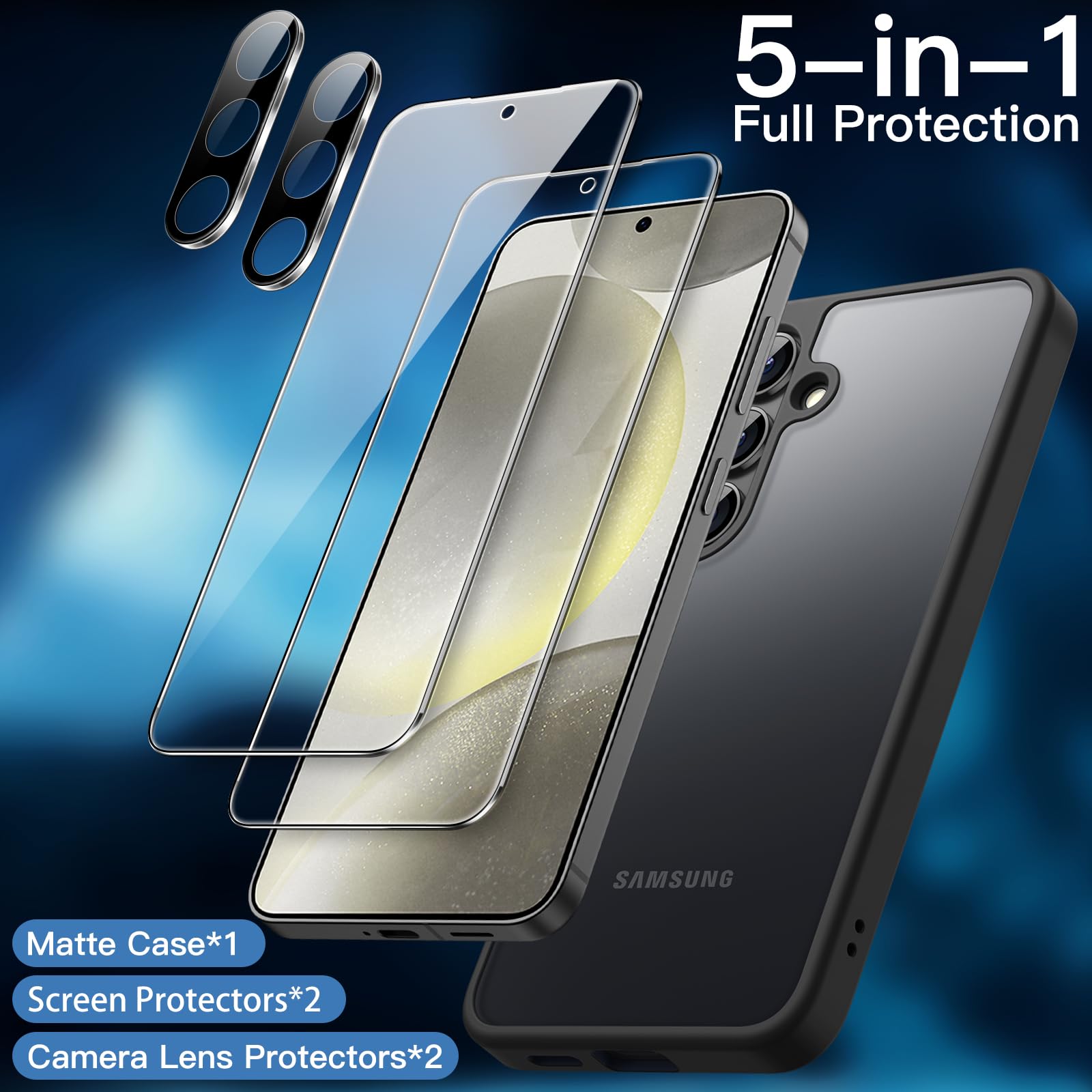 JETech 5 in 1 Cover Opaca per Samsung Galaxy S24 5G con 2 Pellicola Protettiva e 2 Protezione Lente Fotocamera, Posteriore Traslucida Custodia, Vetro Temperato Film (Nero)