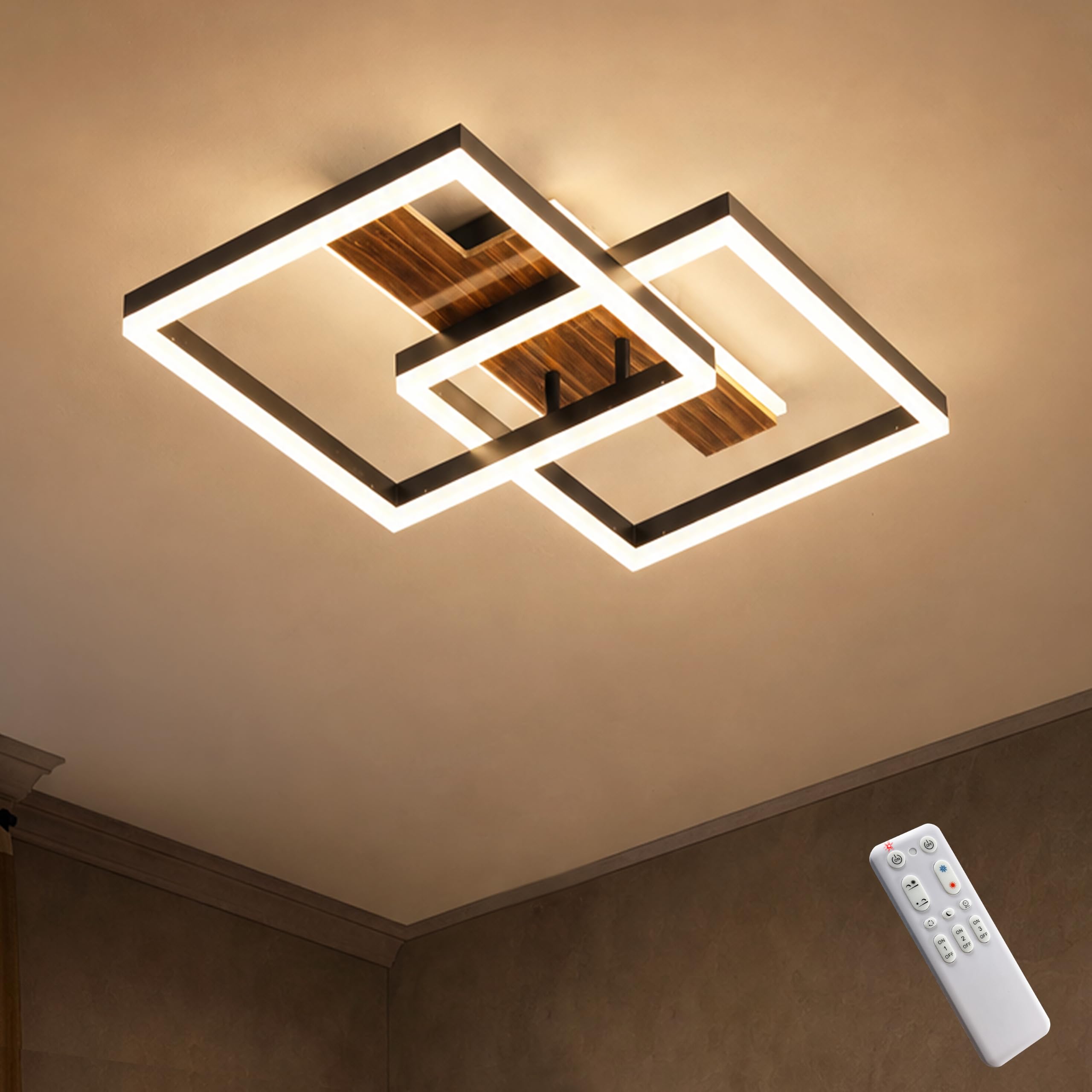LED Deckenleuchte Holz dimmbar, Massivholz schwarz Vintage Deckenlampe, 48W 50cm 4000lm 3000-6000K mit Fernbedienung, Schlafzimmerlampe Wohnzimmerlampe, Memory-Funktion, 5W Nachtlicht