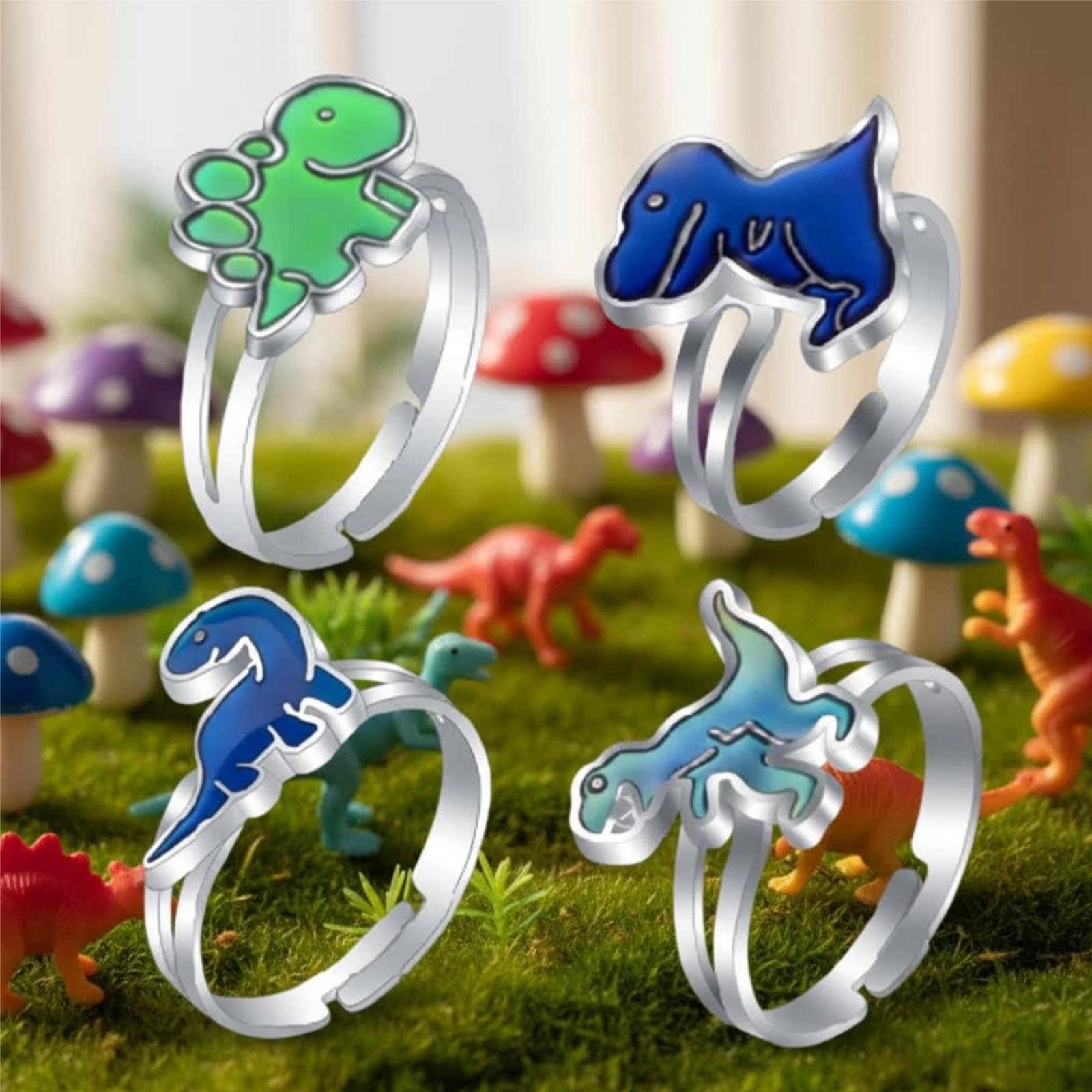Bagues dinosaures d'humeur, bagues à changement de couleur réglables, jeu de 4