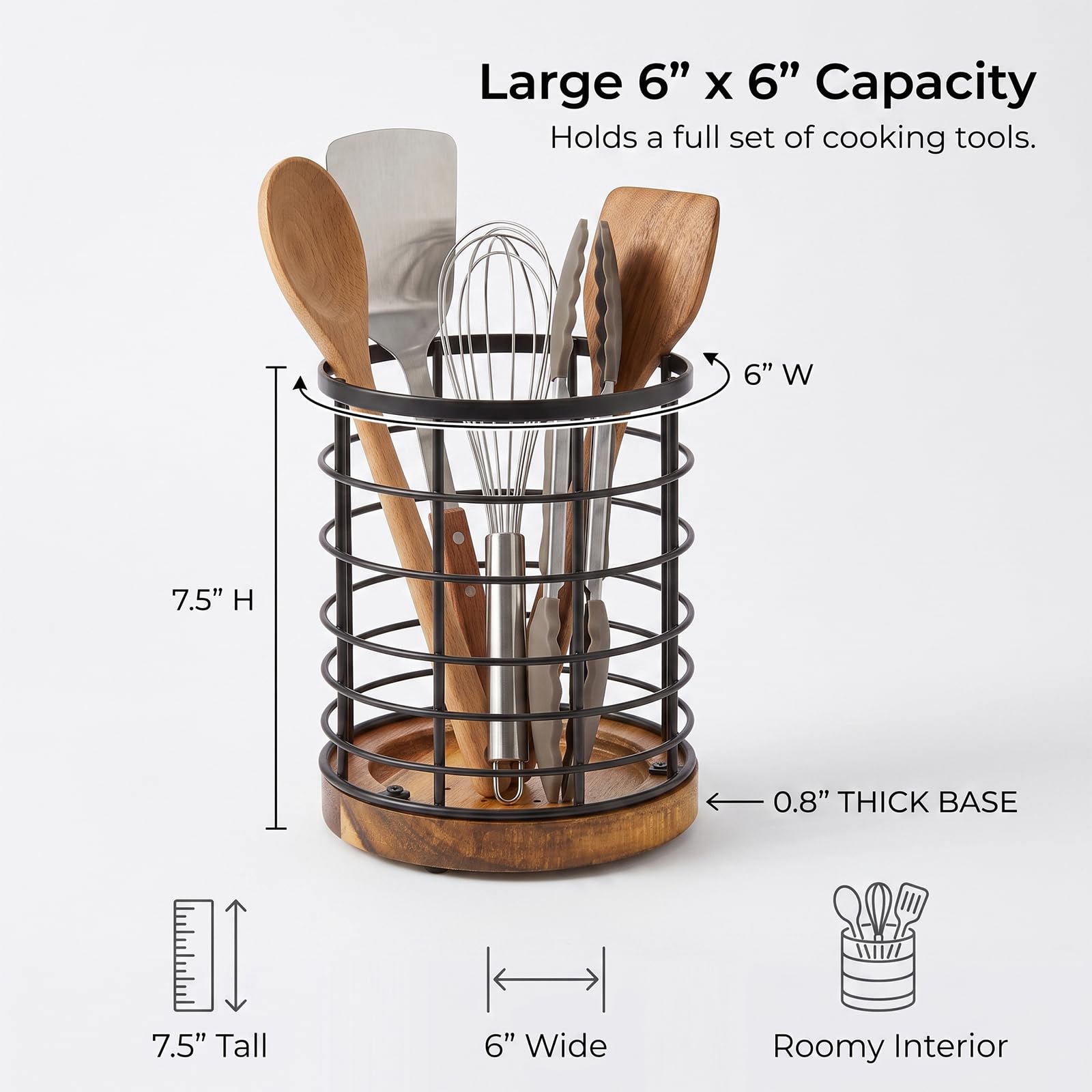 WILDMOS Soporte para utensilios para encimera de cocina, alambre negro con base de madera, soporte para utensilios de cocina de madera grande, organizador de utensilios de cocina.