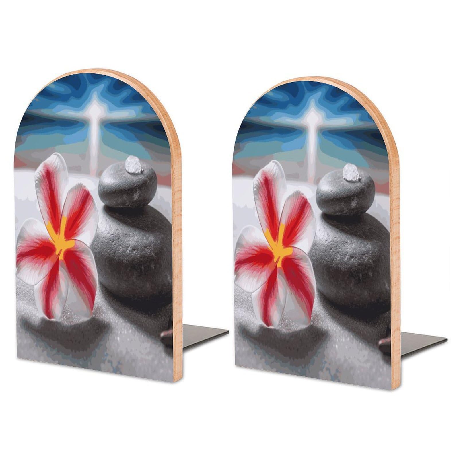 Large Tropical Flower and Zen Stone Book End with Metal Base Fashion Heavy Duty Bookend Exquisite Wooden Bookends Non-Skid Book Stopper for Shelves Books Organizer for Office Home 1 Pair