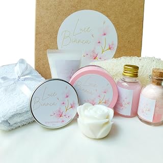 Luce Bianca Kit Banho 8 Peças com Caixa MDF, Vela Aromática, Hidratante, Gel, Esfoliante, Sais, Sabonete, Toalha e Bucha, Aroma Cereja e Avelã