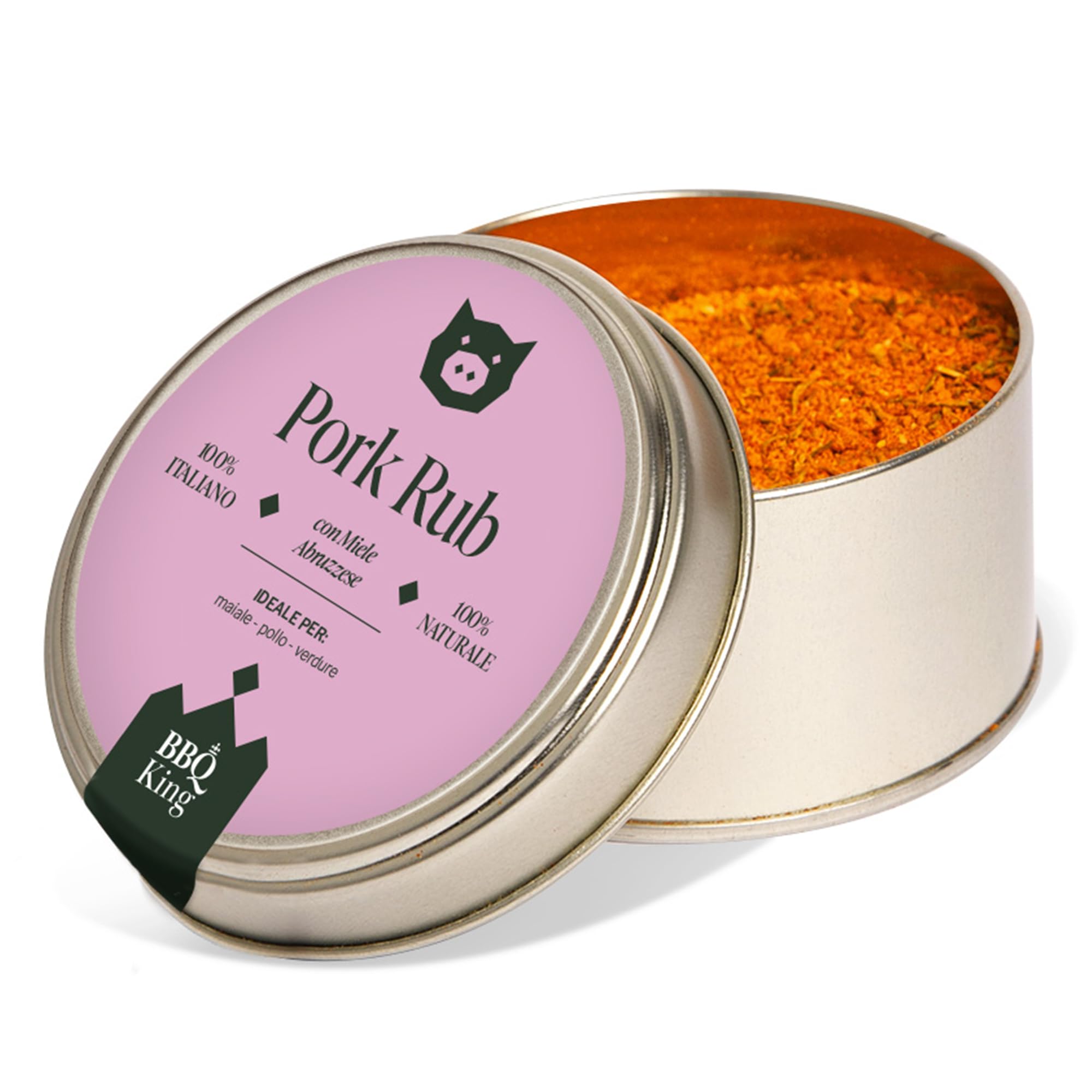 Bbq King Spices Are Always The Secret Dorada/Carne/Naranja Bbq King - Pork Rub Envase De 70 G, Adobo Seco Para Barbacoa Para Cerdo, Pollo Y Verduras, 100% Fabricado En Italia, Con Miel De Abruzzo, Azúcar Moscovado Y Pimentón