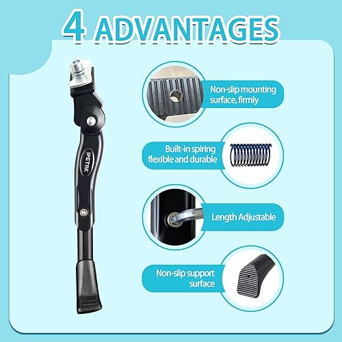 Miniatura 4 de Kickstand para niños bicicleta para 16, 18, 20 pulgadas, ajustable, plegable, montaje central, bicicletas para niños, aleación de aluminio negro,