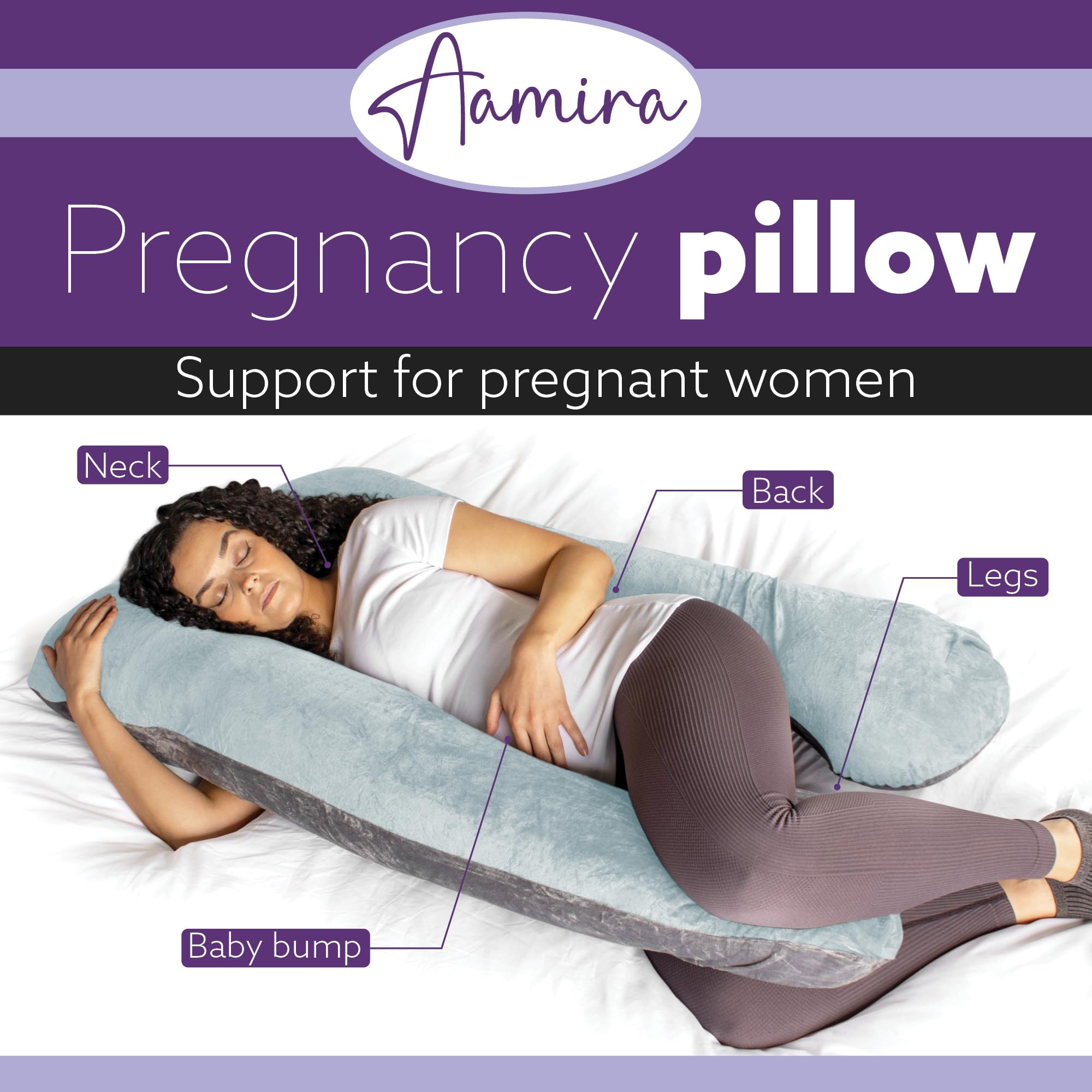 Almohada de maternidad en color gris oscuro, con un diseño de espuma viscoelástica triturada en forma de U, que ofrece apoyo completo para mujeres embarazadas, con una funda de terciopelo lavable a