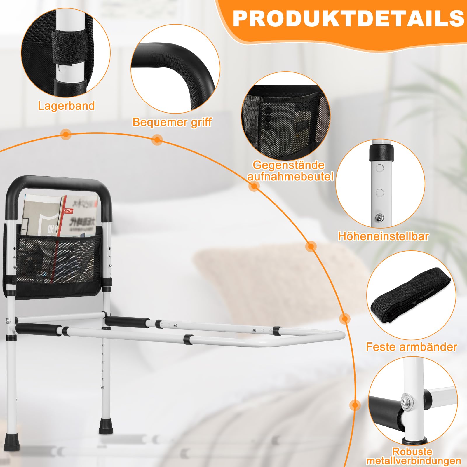 OUUTMEE Supporto per letto per anziani, con custodia, altezza del manico regolabile in 5 livelli, con design delle gambe, aiuta gli anziani ad alzarsi e a dormire, bianco