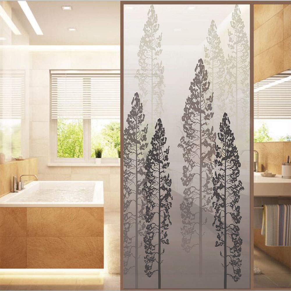 Decorative Window Film,No Glue Frosted Privacy Film,Stained Glass Door Film,Pine Trees in the Forest on Foggy Seem Ombre Backdrop Wildlife Adventure Artwork Decorative,for Home & Office,23.6In. by 35.