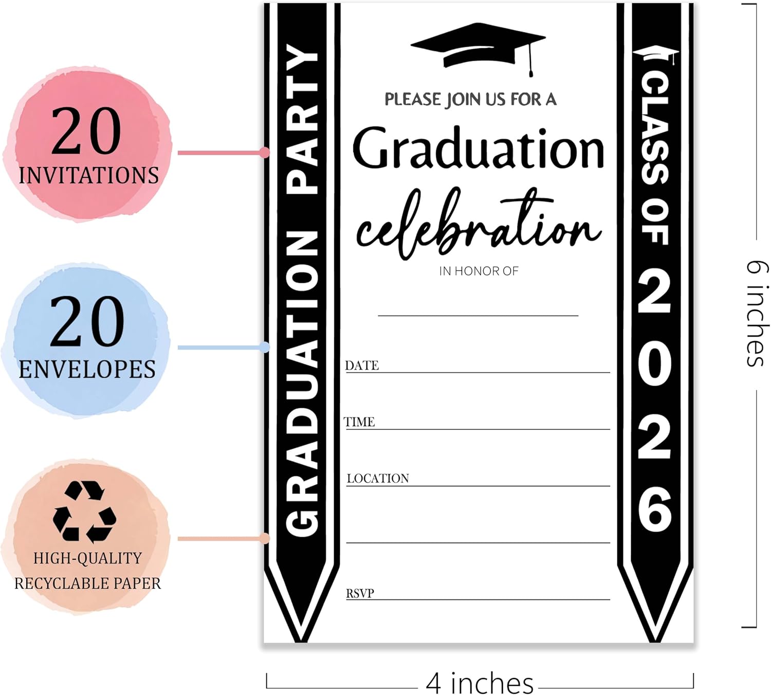 4x6 2026 Graduation Invitations (20 Cards + 20 Envelopes) - Cap & Tassel Grad Party Invites.(024-black)