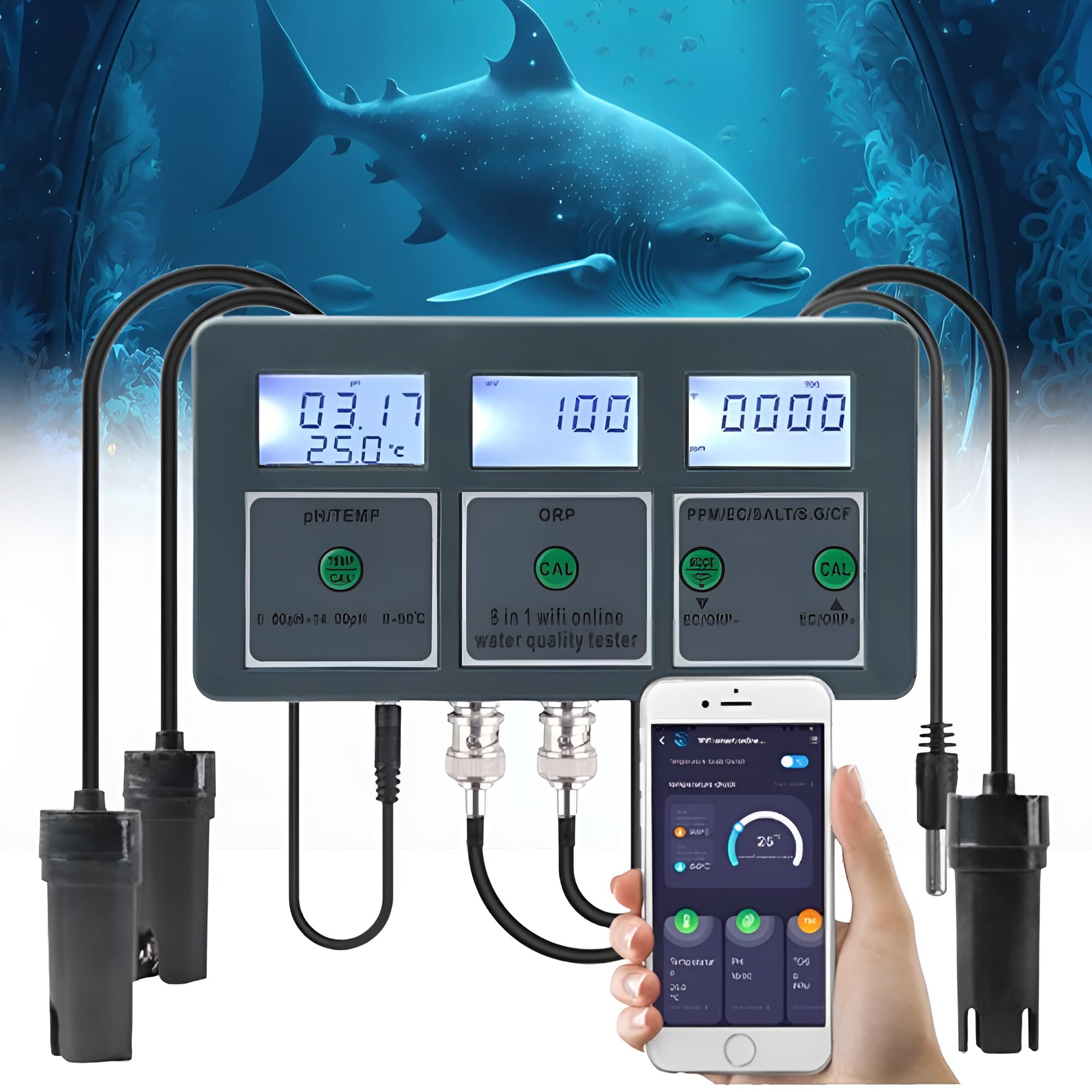 Tester jakości wody 8 w 1 miernik pH rejestrator danych do akwariów, basenów, hydroponiki - PH, EC, SALT, ORP, TDS, SG, TEMP, CF WiFi Smart Monitor