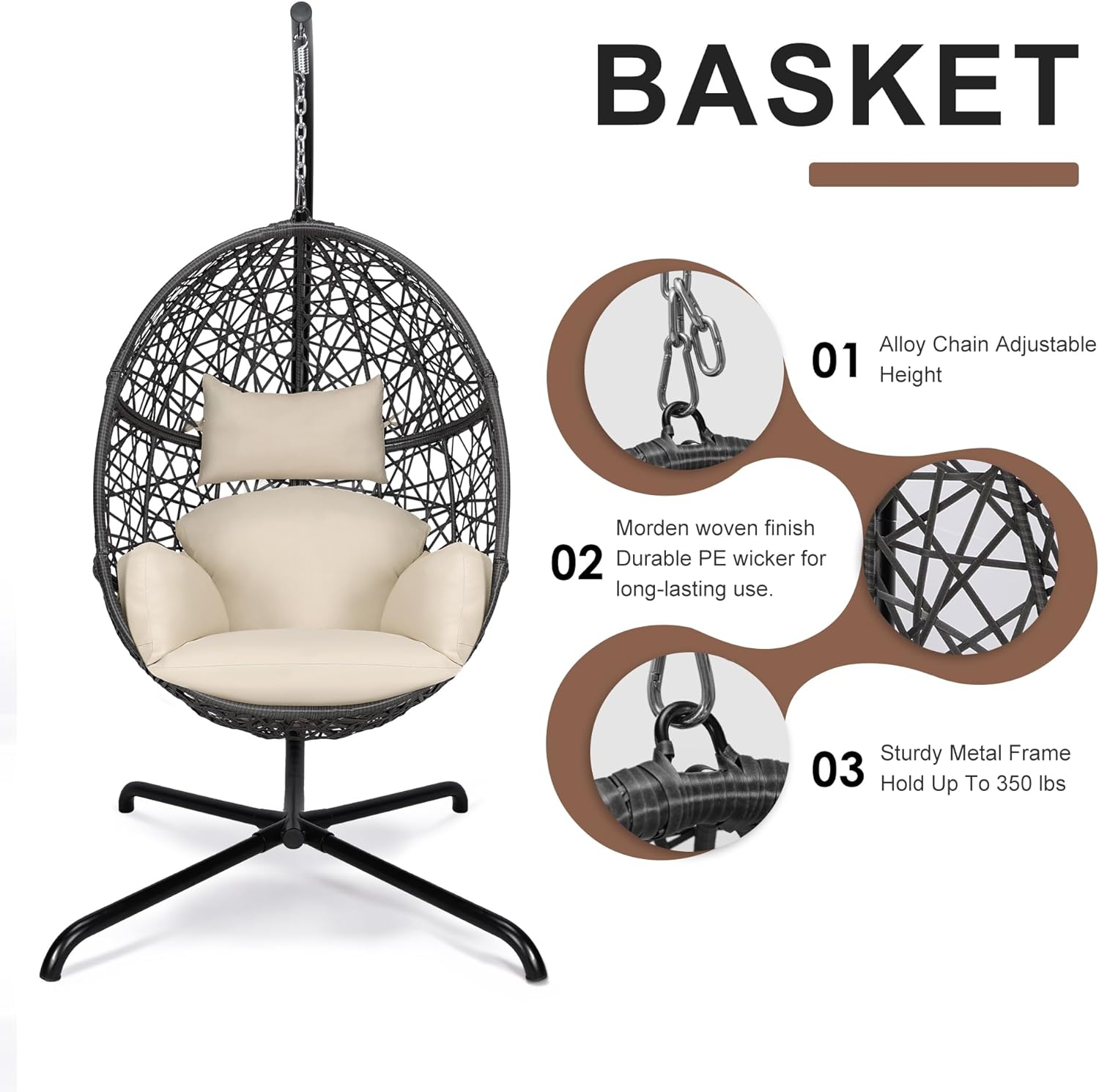 NICESOUL Bird Cage Swing Egg Chair, UV/Water-Resistant 450lbs Capacity Wicker Swinging Chairs with Stand, Comfy Oversized Hanging Seat w/Cushion, Metal Frame & Cover for Indoor Outdoor, Grey & Beige
