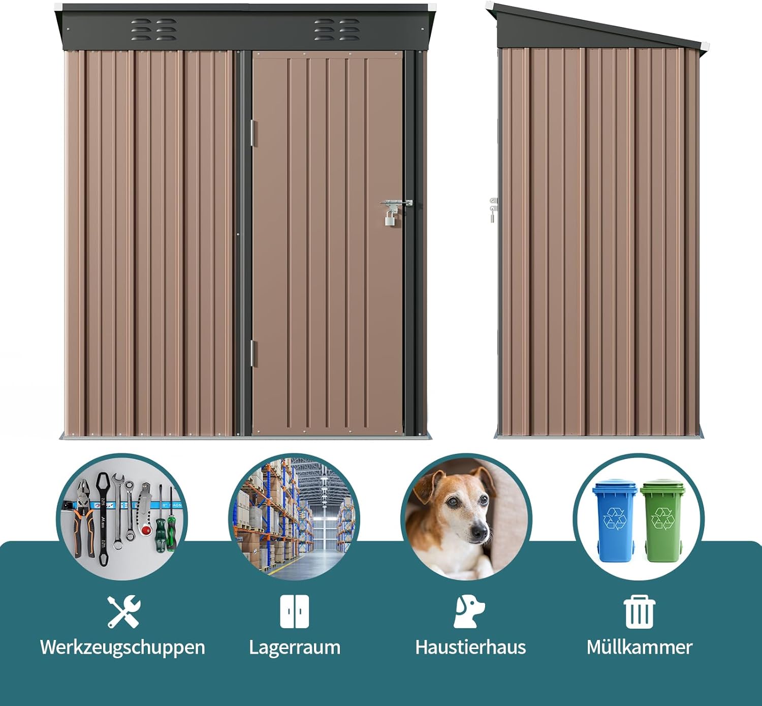 Bealife Metal Garden Tool Shed, Galvanised Steel Tool Shed, Outdoor Storage Shed Garden Shed, 180 x 162 x 95 cm for Lawn Patio Yard (Brown)