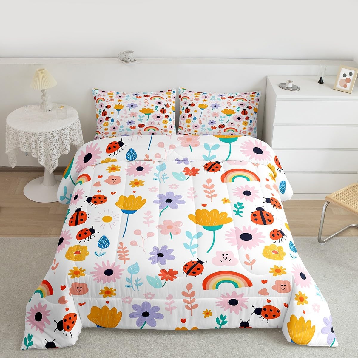 Feelyou Floral Bedding Set Soft for Boys Girls, Butterfly Comforter Set Twin Size Cute Duvet Quilt Microfiber Rainbow Bedroom Decor Garden Plant 2 Pcs with 1 Pillow Cases