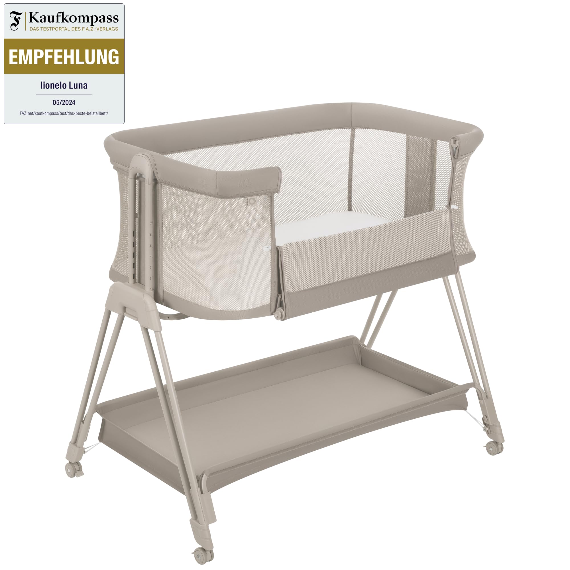 lionelo LUNA lettino portatile con materasso, co-sleeping, da neonato a 9kg, altezza e inclinazione regolabili, 4 ruote con blocco, fissaggio al letto dei genitori, arioso lettino da affiancare