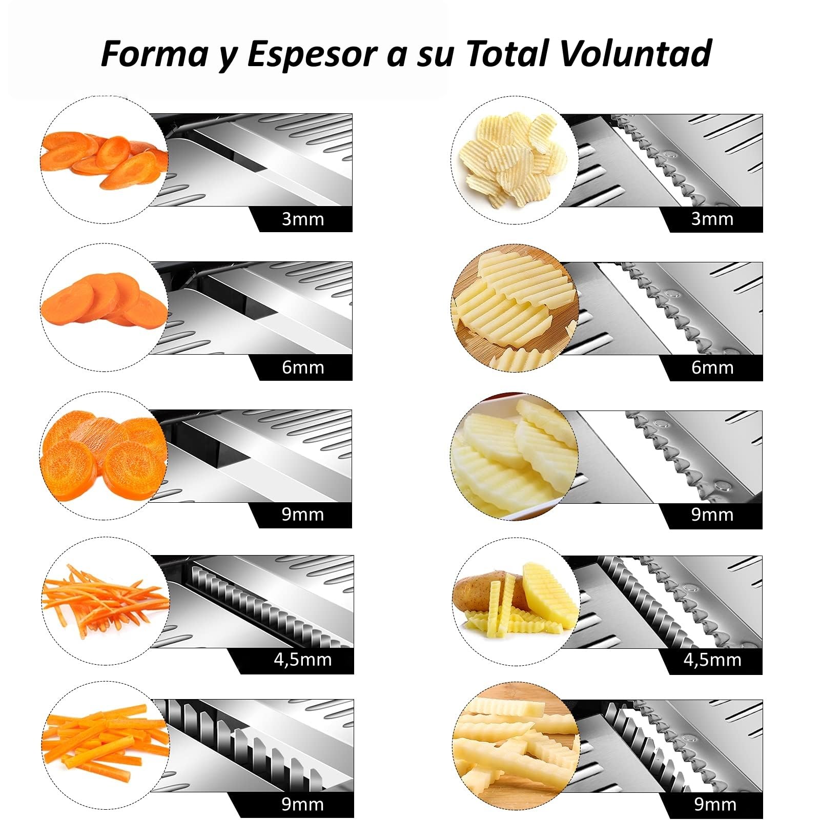 Mandolina Multifunción de Acero Inoxidable, Cortador Verduras de Cocina Ajustable con Múltiples Formas de Corte Integradas en 1 Hoja Afilada, Mandolina Japonesa para Rebanada y Julienne