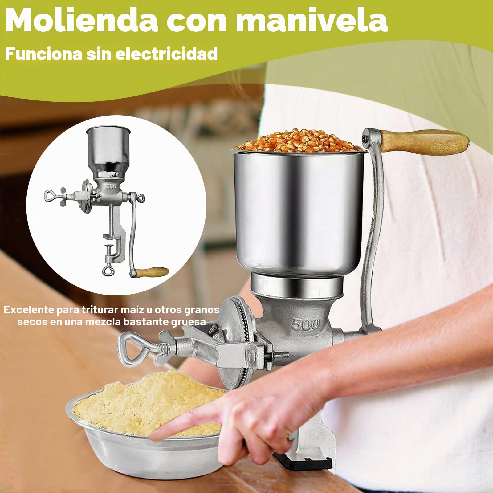 Molinillo de Cereales Manual con 13cm Tolva Grande & 4cm Abrazadera de Mesa,Finura de Molienda Ajustable,Molino de Mano de Hierro Fundido,para Nuez,Café,Grano,Semillas,Maíz,Especias